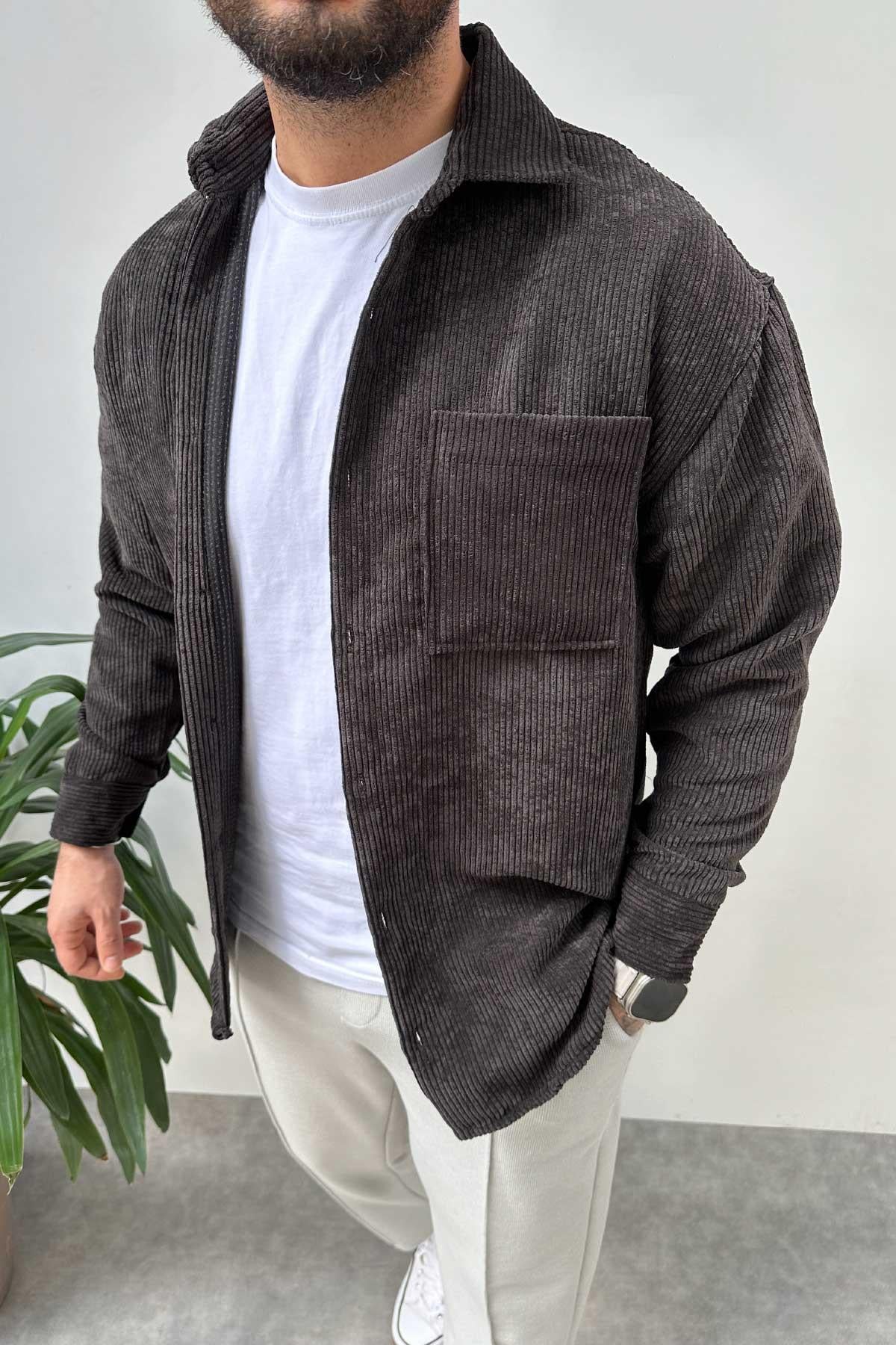 Füme Oversize Kadife Gömlek