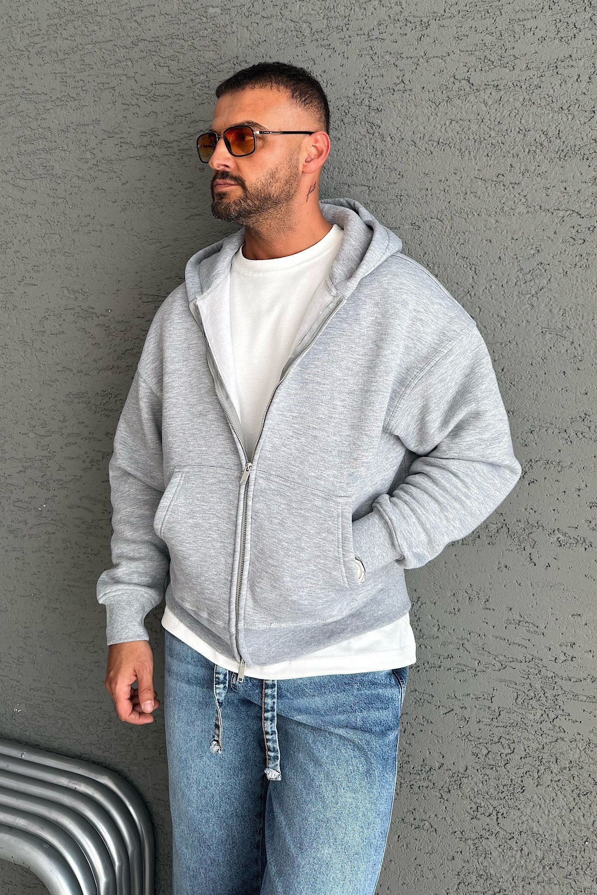 Gri Basic Kapşonlu Zip