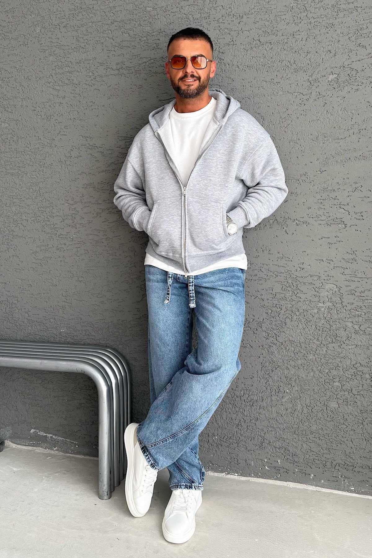 Gri Basic Kapşonlu Zip