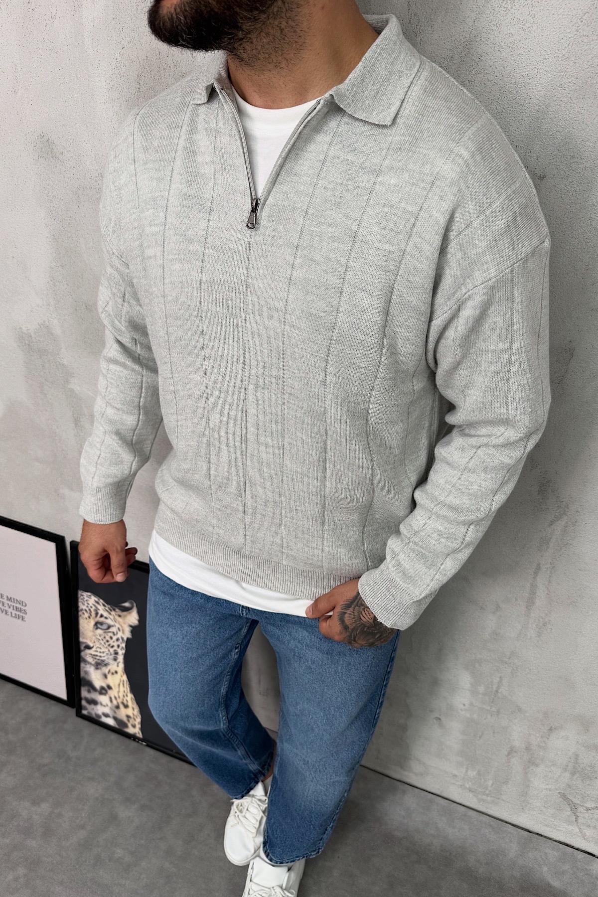 Gri Fermuarlı Polo Yaka Triko