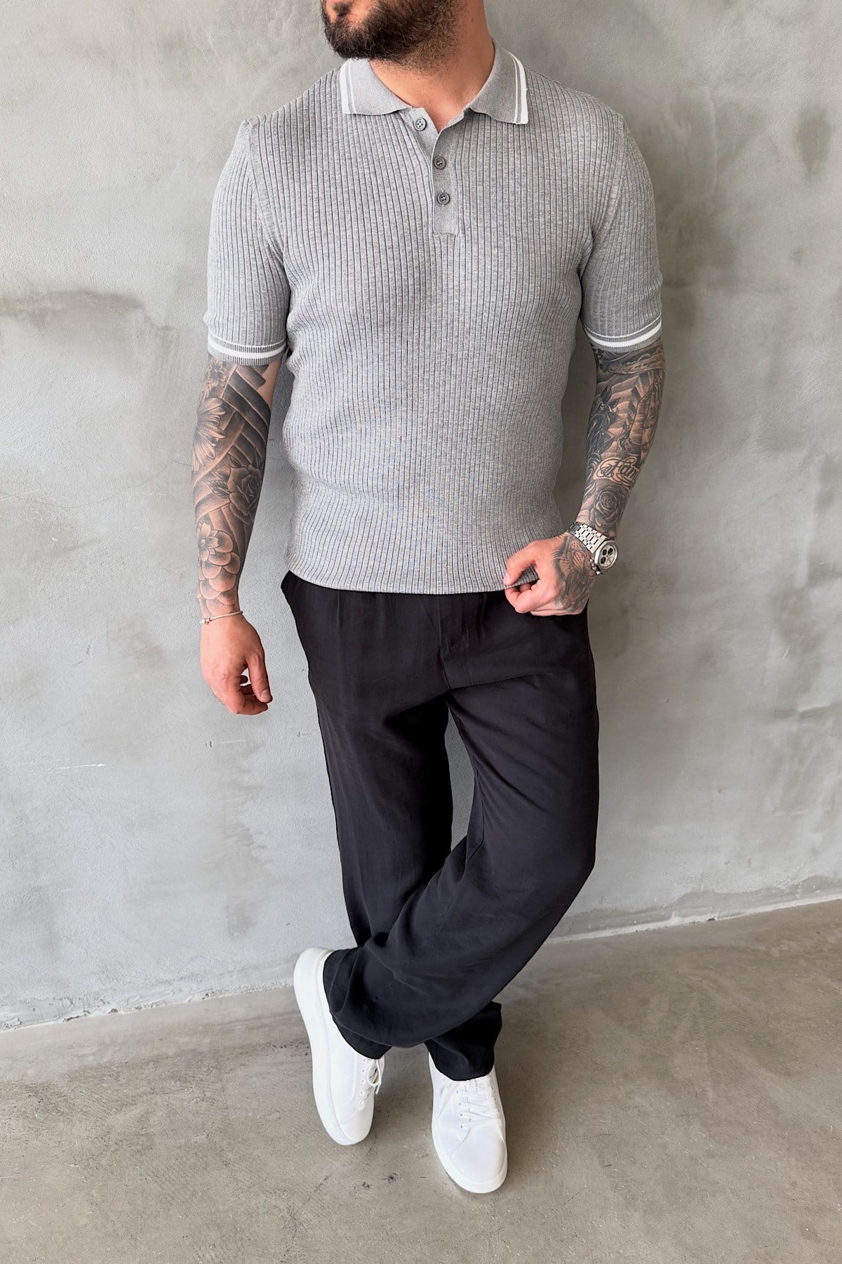Gri Fitilli Polo Yaka T-Shirt
