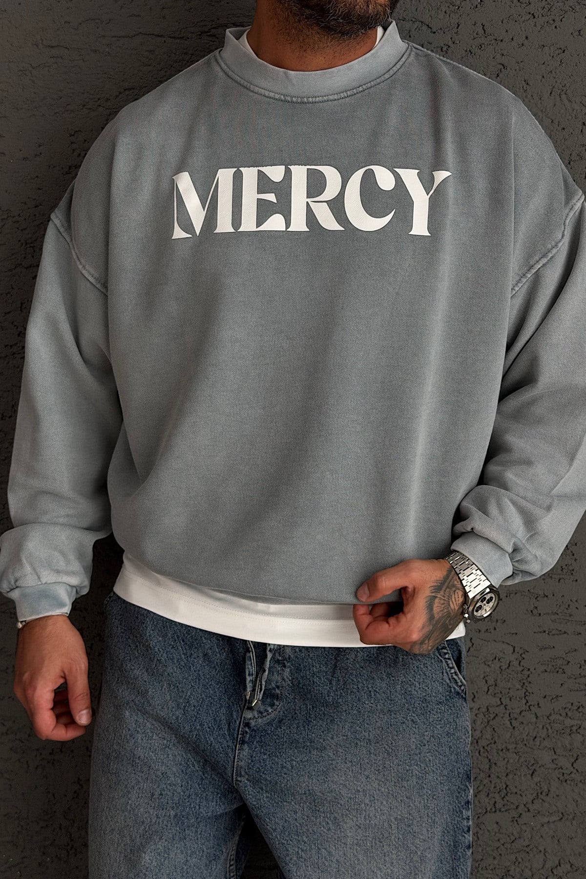 Gri Mercy Yıkamalı  Basic Sweatshirt