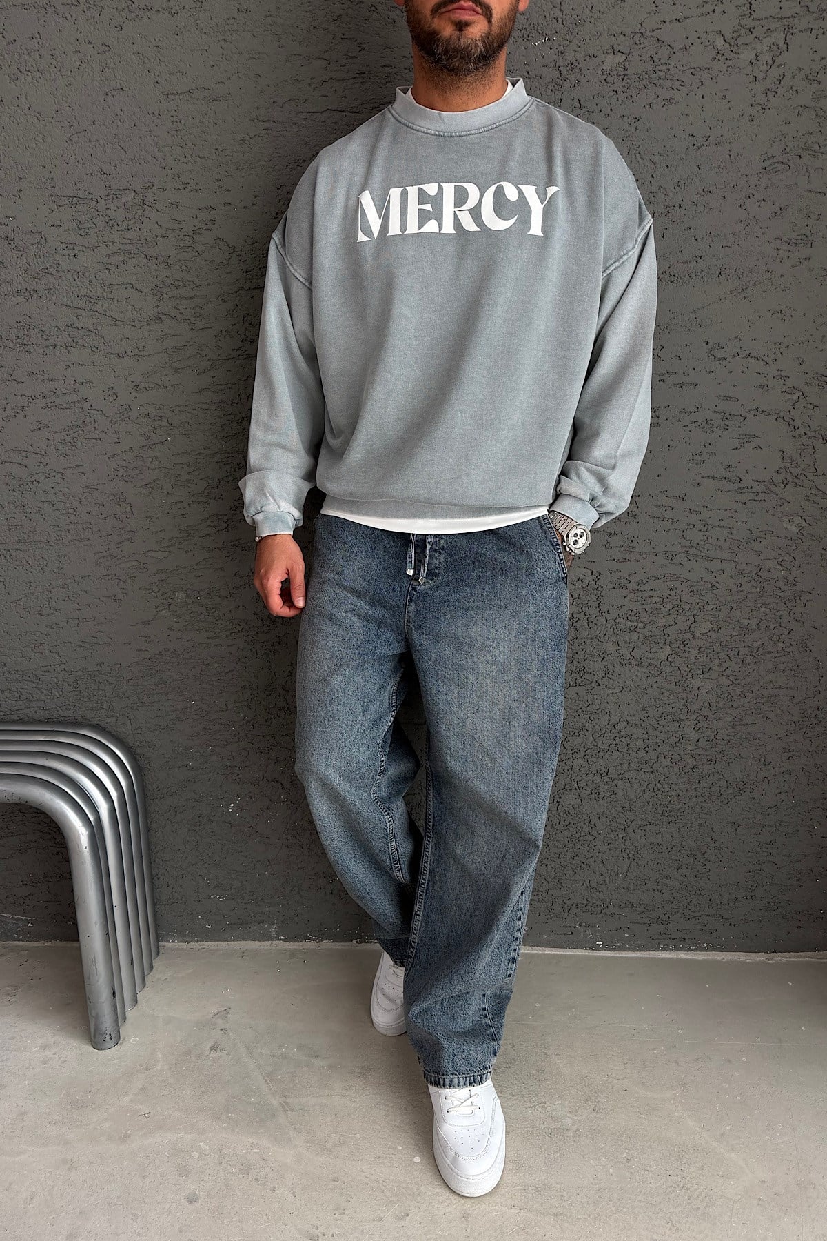 Gri Mercy Yıkamalı  Basic Sweatshirt