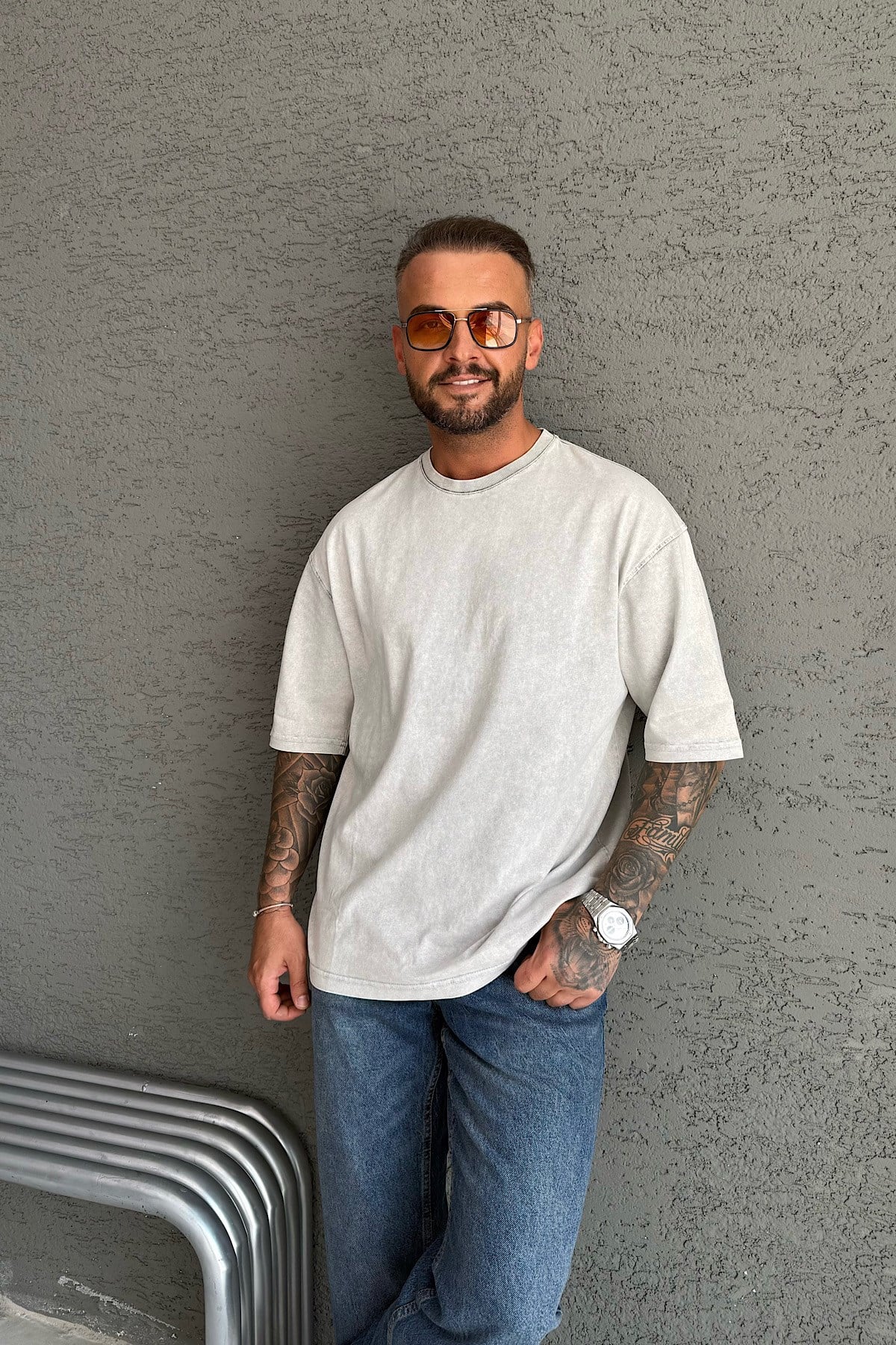 Gri Yıkamalı Basic T-Shirt