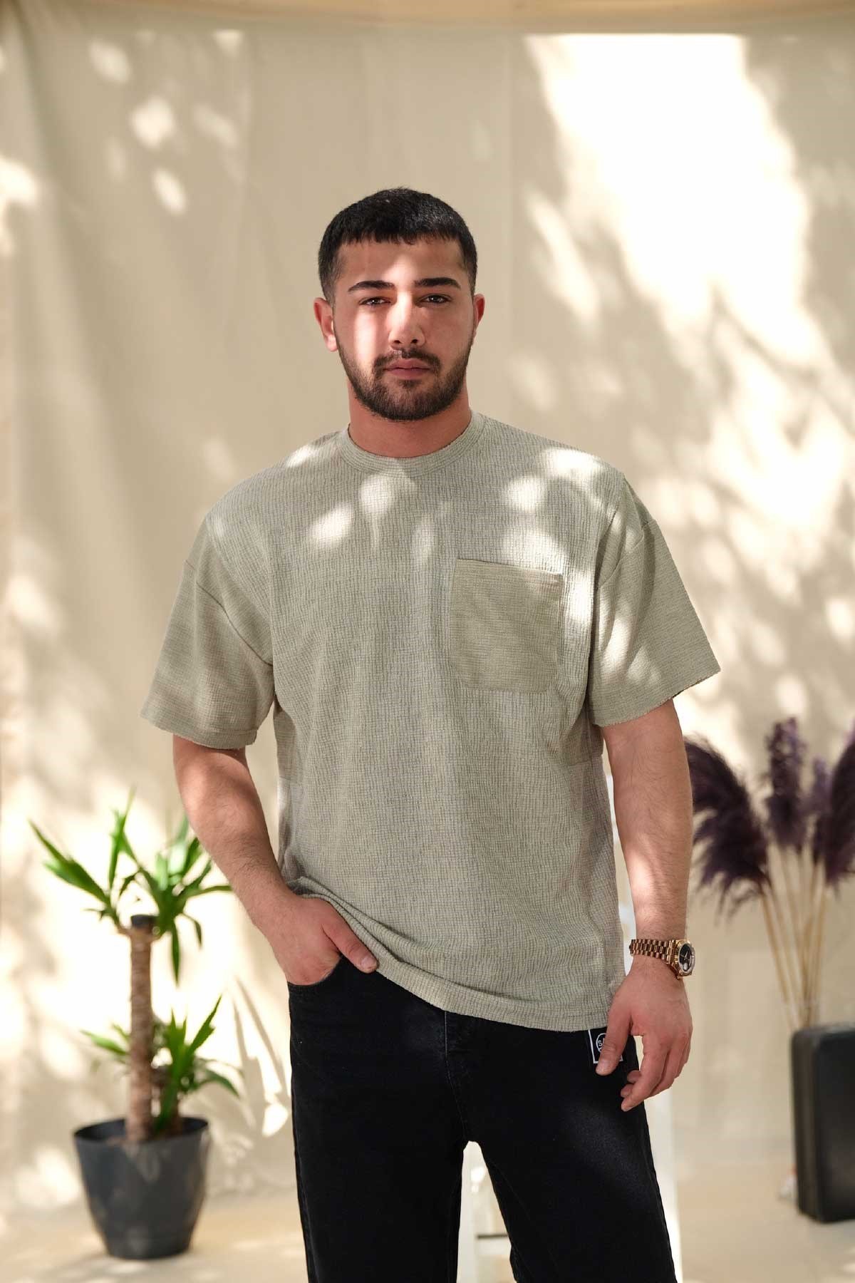 Hafif Oversize Haki Cepli T-Shirt