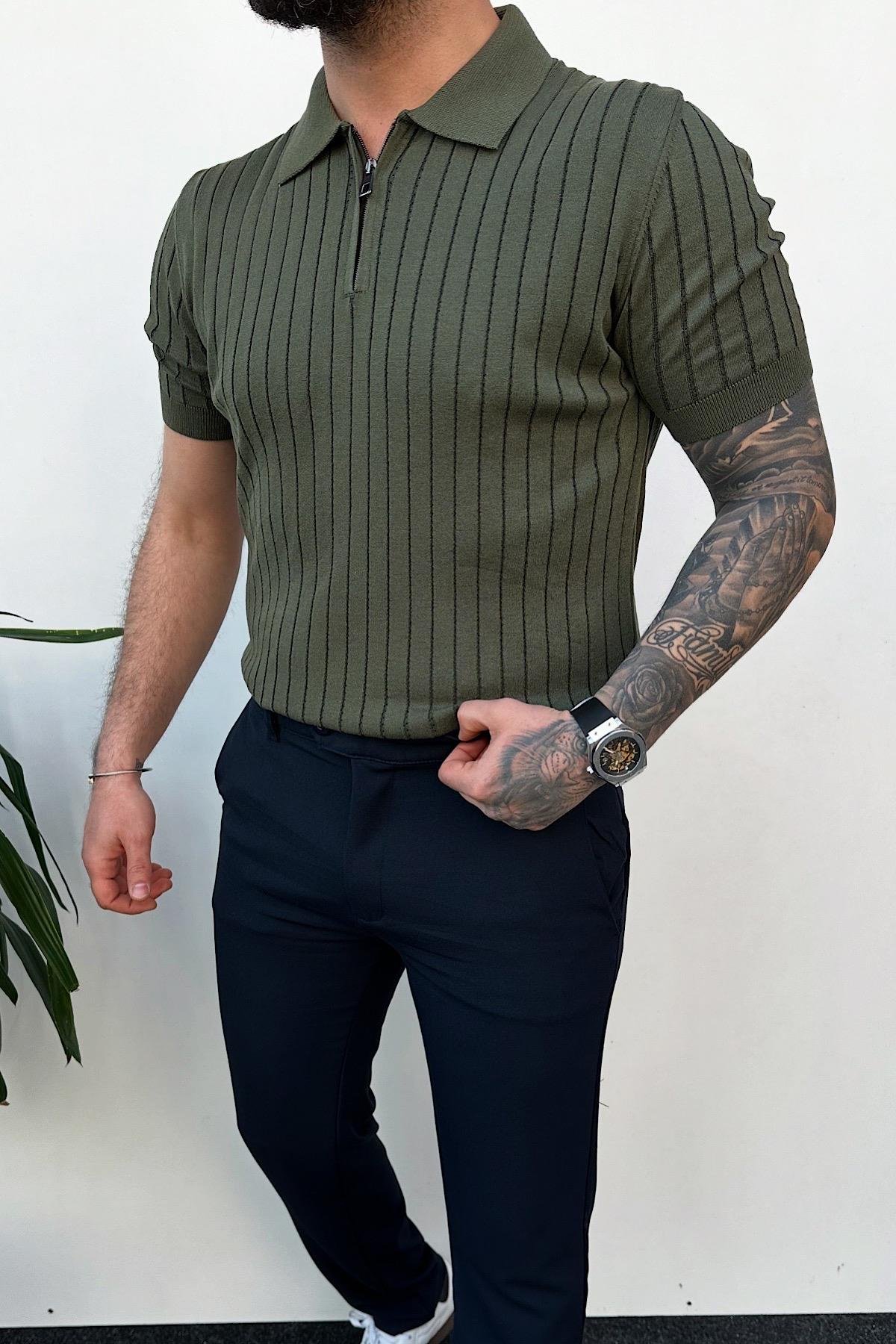 Haki Fitilli Polo Yaka T-Shirt
