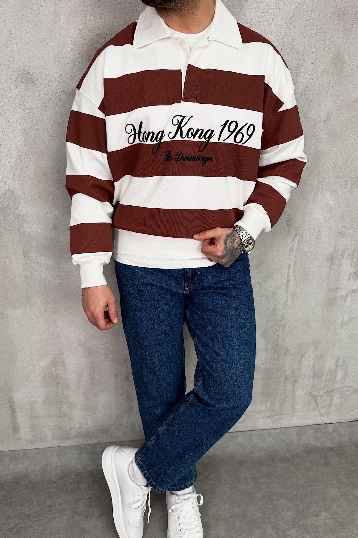 Kahve&Beyaz Parçalı Baskılı Sweatshirt