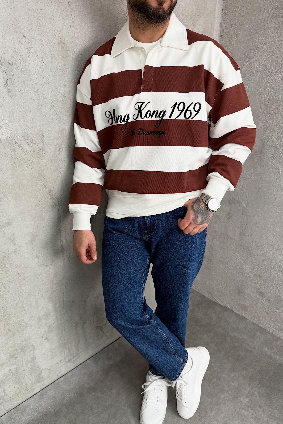Kahve&Beyaz Parçalı Baskılı Sweatshirt