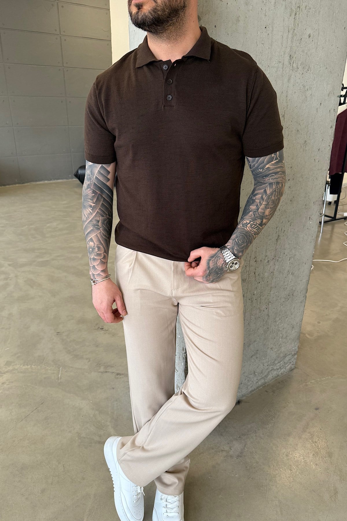 Kahverengi Basic Düğmeli Polo Yaka T-Shirt