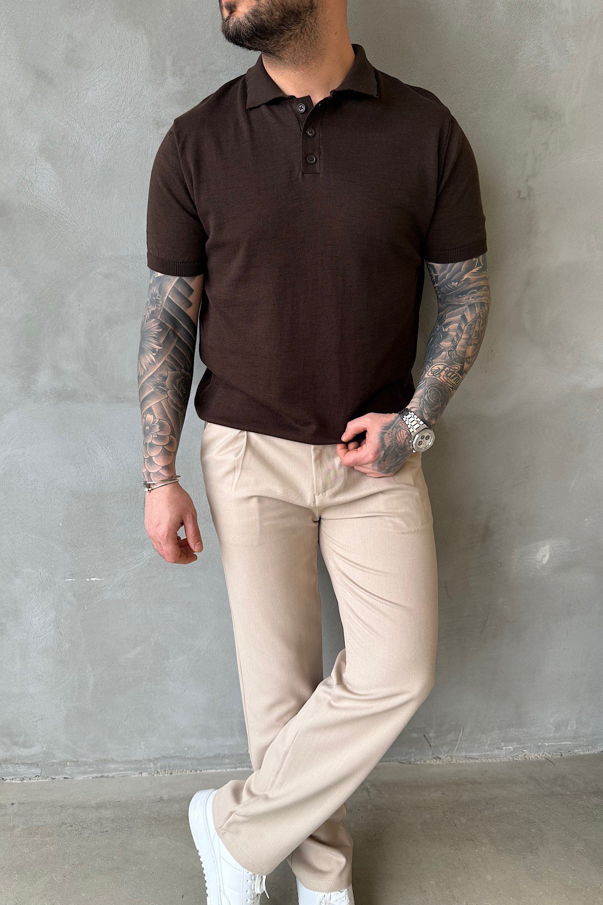 Kahverengi Basic Düğmeli Polo Yaka T-Shirt