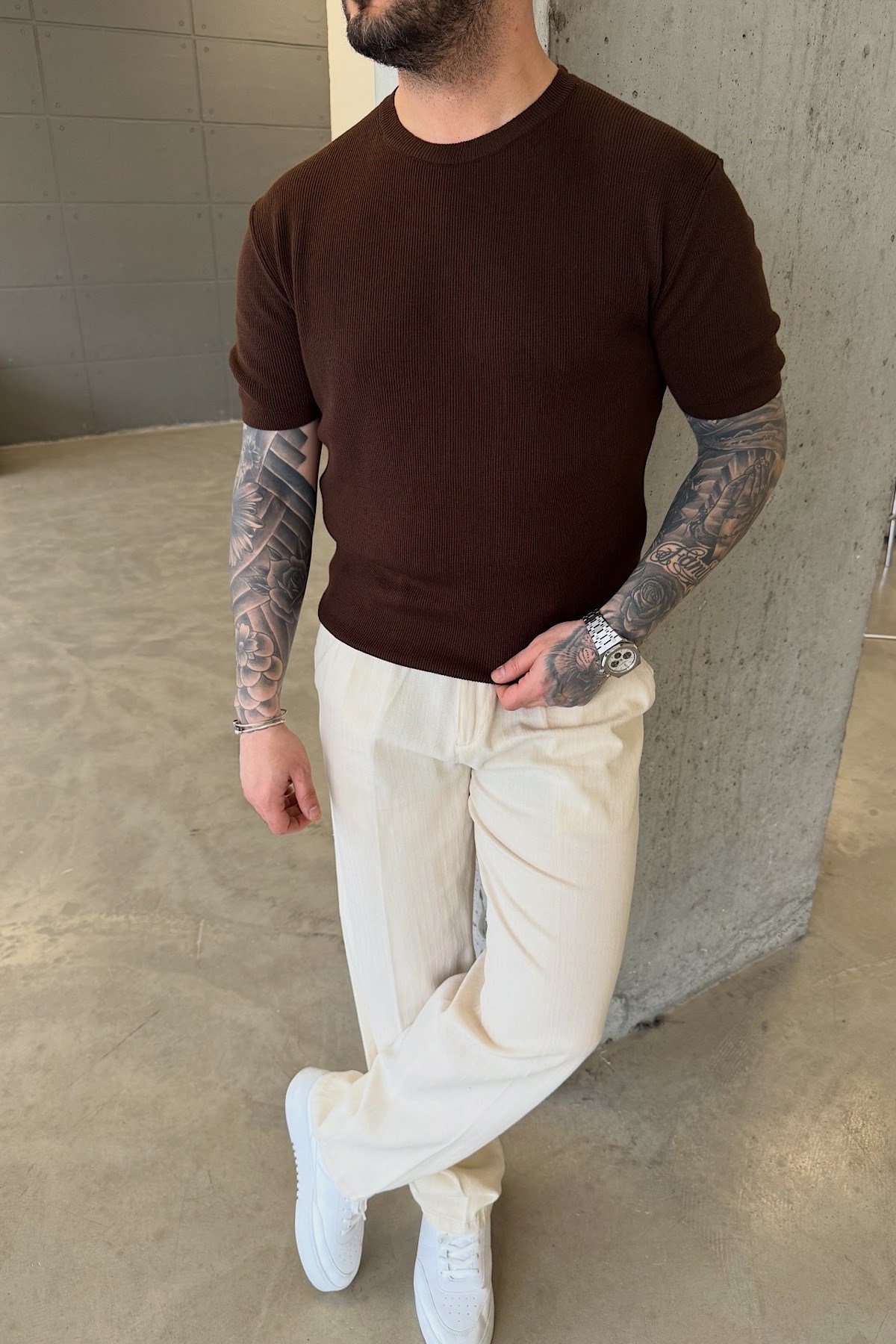 Kahverengi Basic Triko T-Shirt