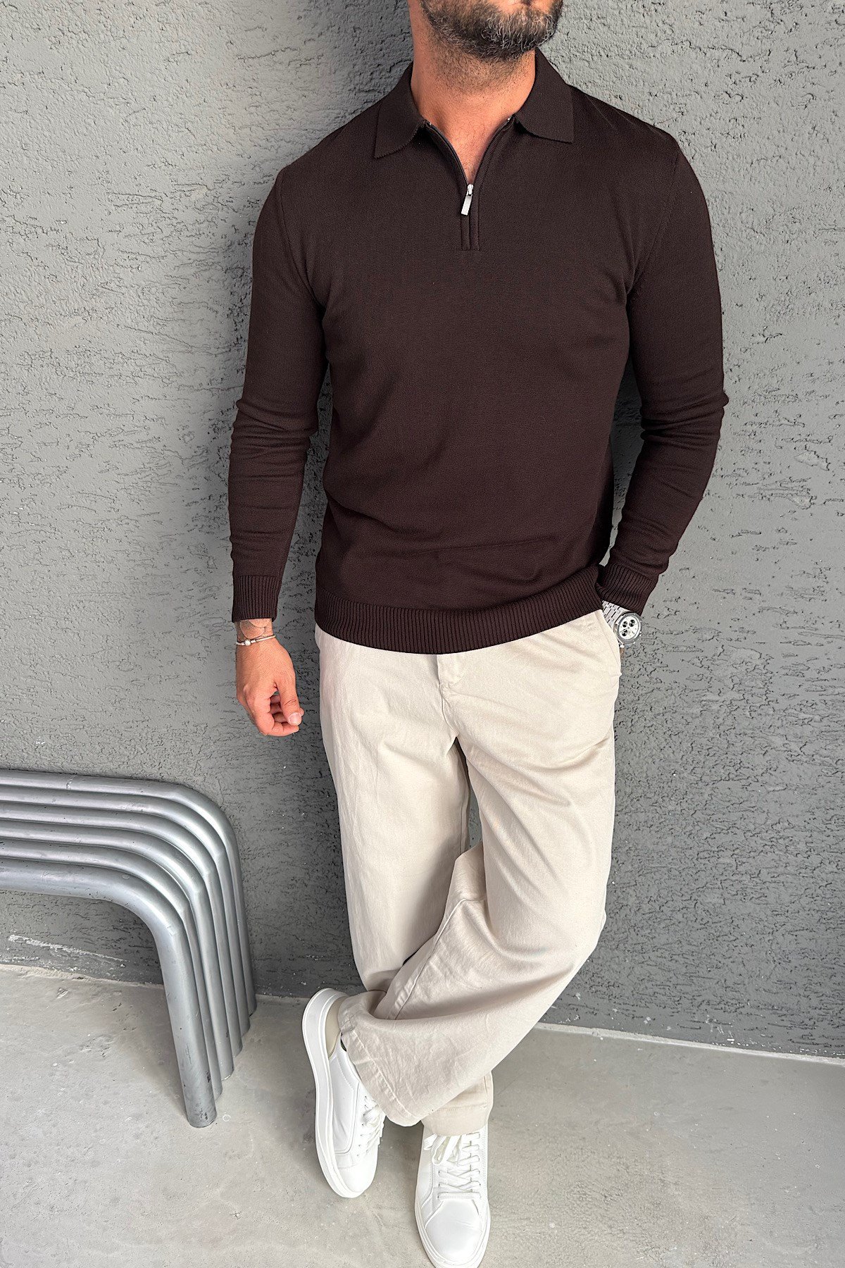 Kahverengi Fermuarlı Polo Yaka Triko