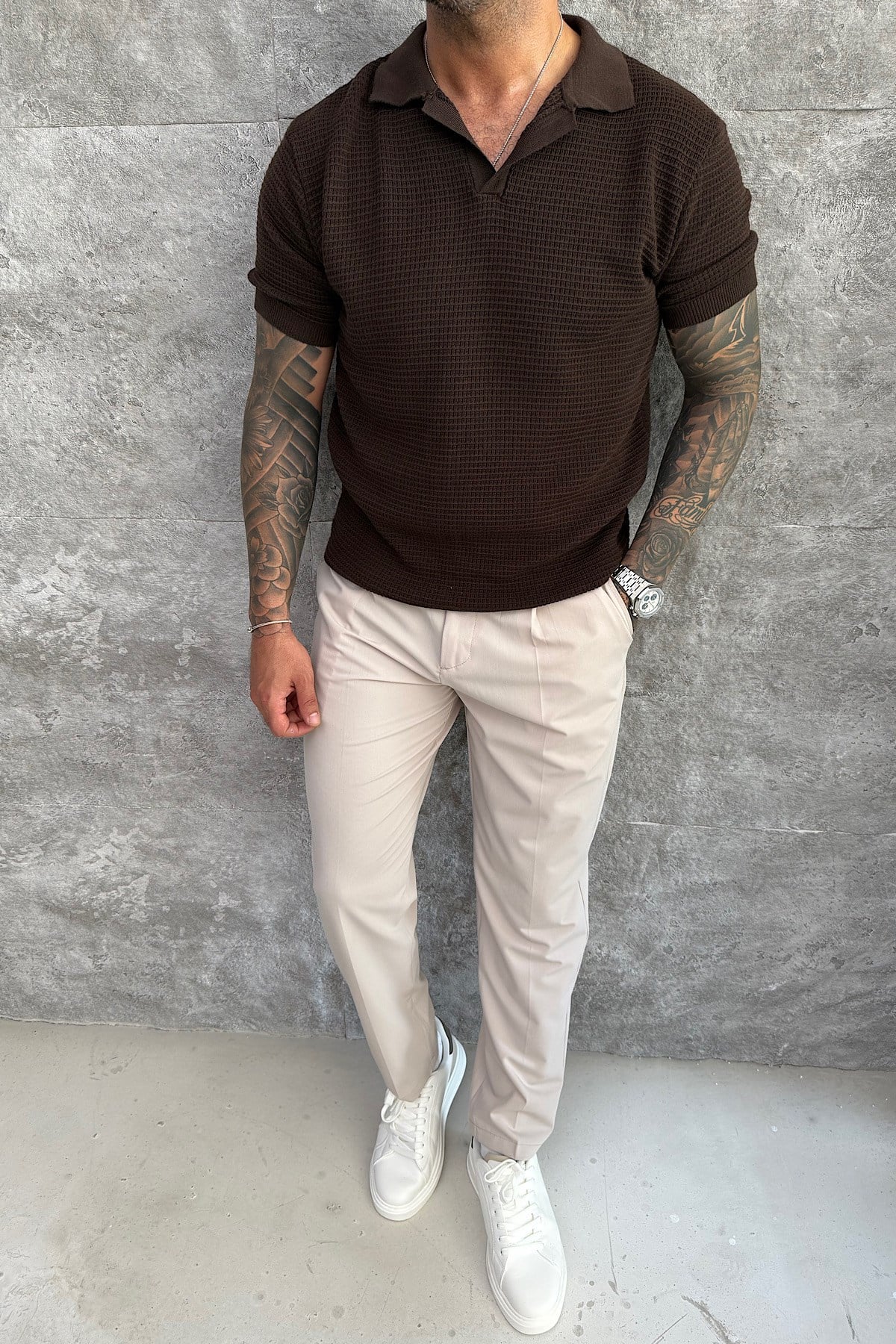 Kahverengi Örme Polo Yaka T-Shirt