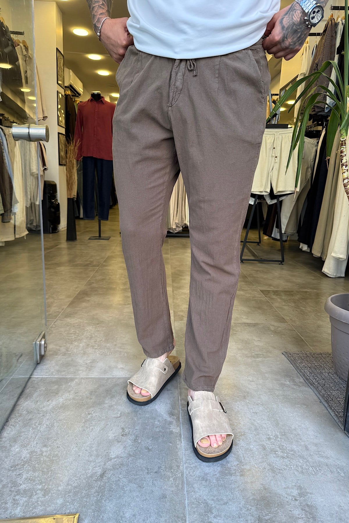 Kahverengi Regular Keten Pantolon