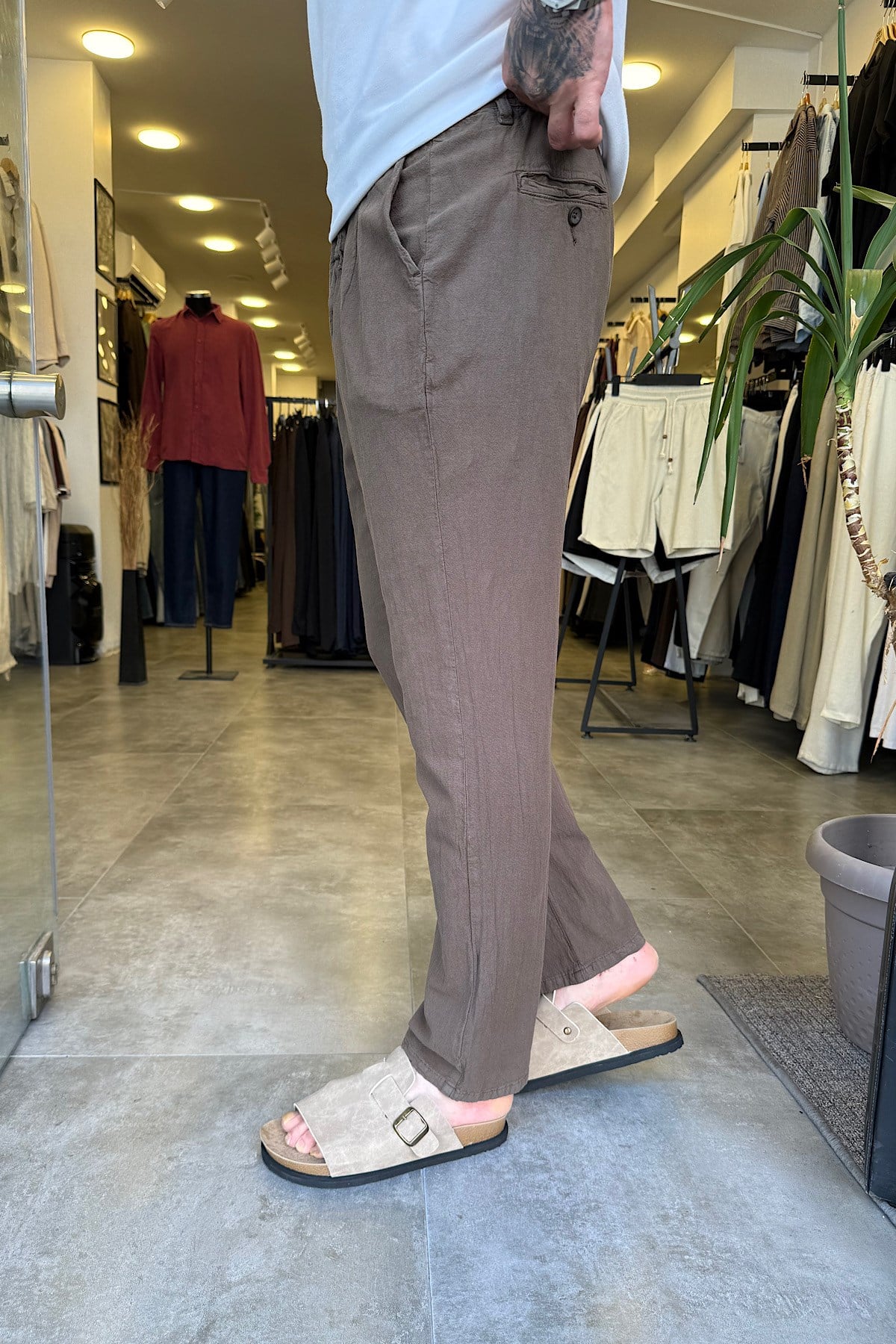 Kahverengi Regular Keten Pantolon