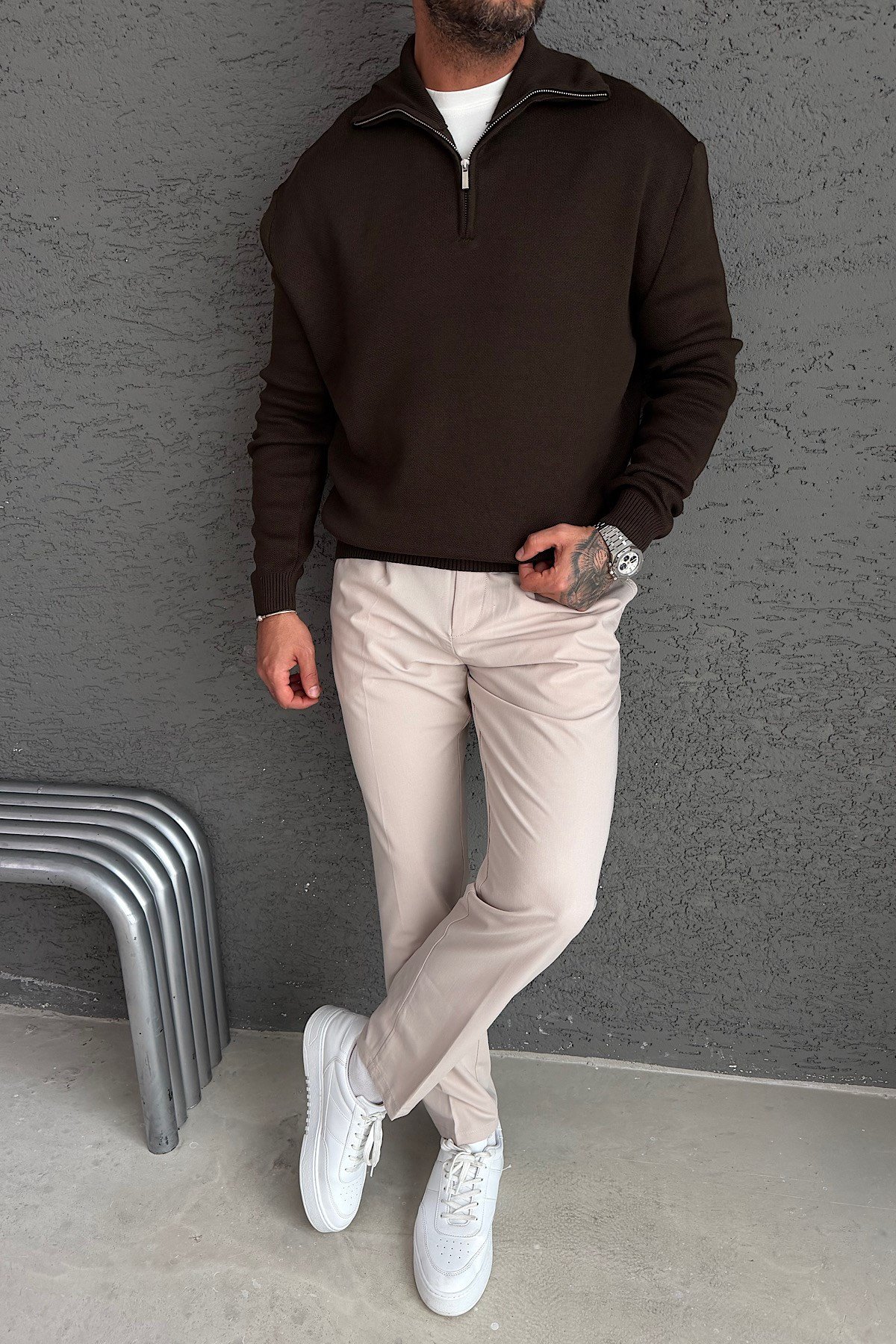 Kahverengi Yarım Fermuarlı Basic Sweatshirt