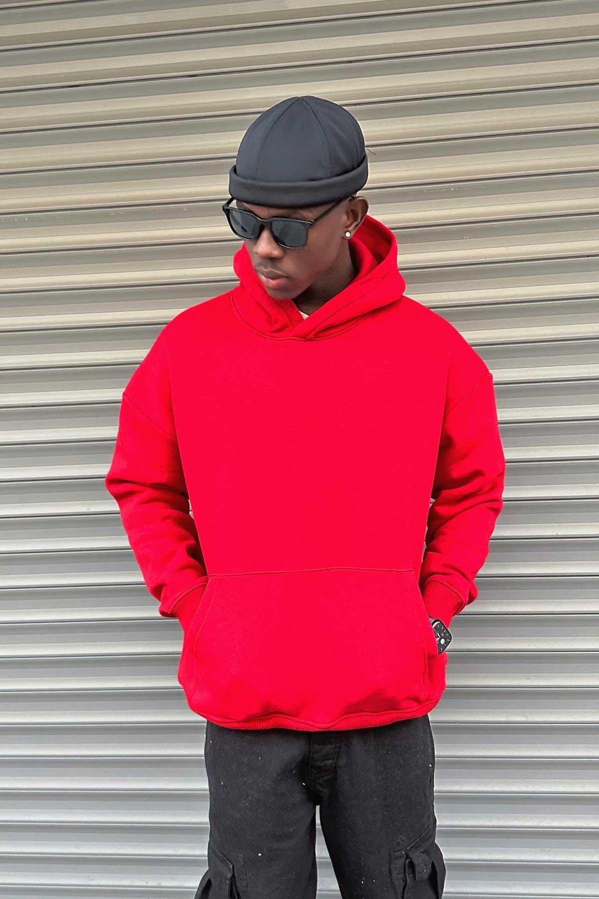 Kapşonlu Basic Kırmızı Sweatshirt