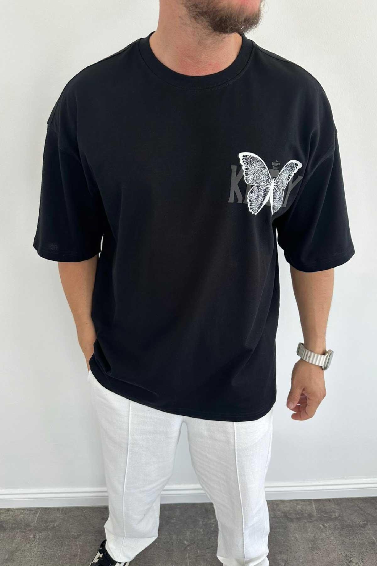 Kelebek Basklı Siya Oversize T-shirt