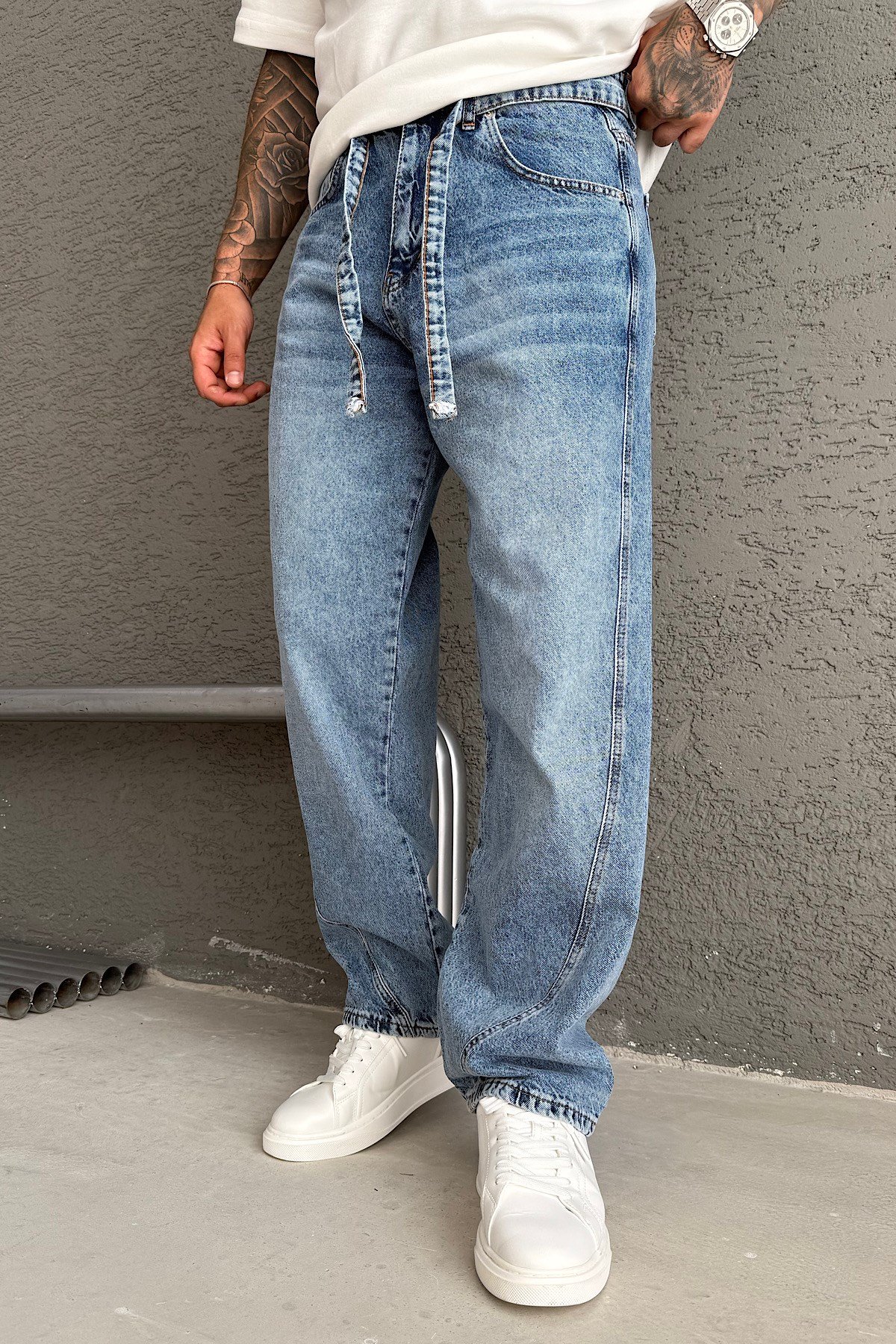 Kemer Detaylı Açık Mavi Relax Baggy