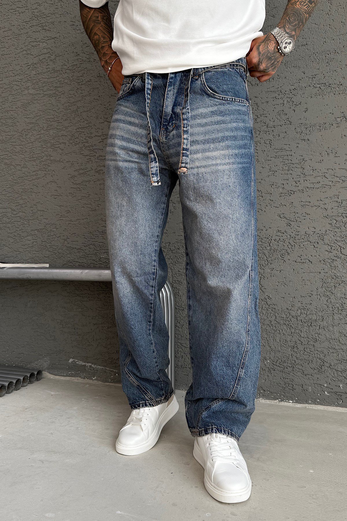 Kemer Detaylı Yıkamalı Mavi Relax Baggy Pantolon 