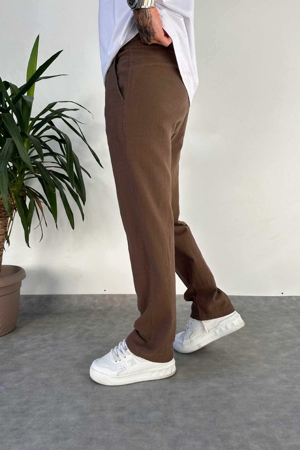 Koyu Ka-averengi Baggy Kalıp Keten Pantolon