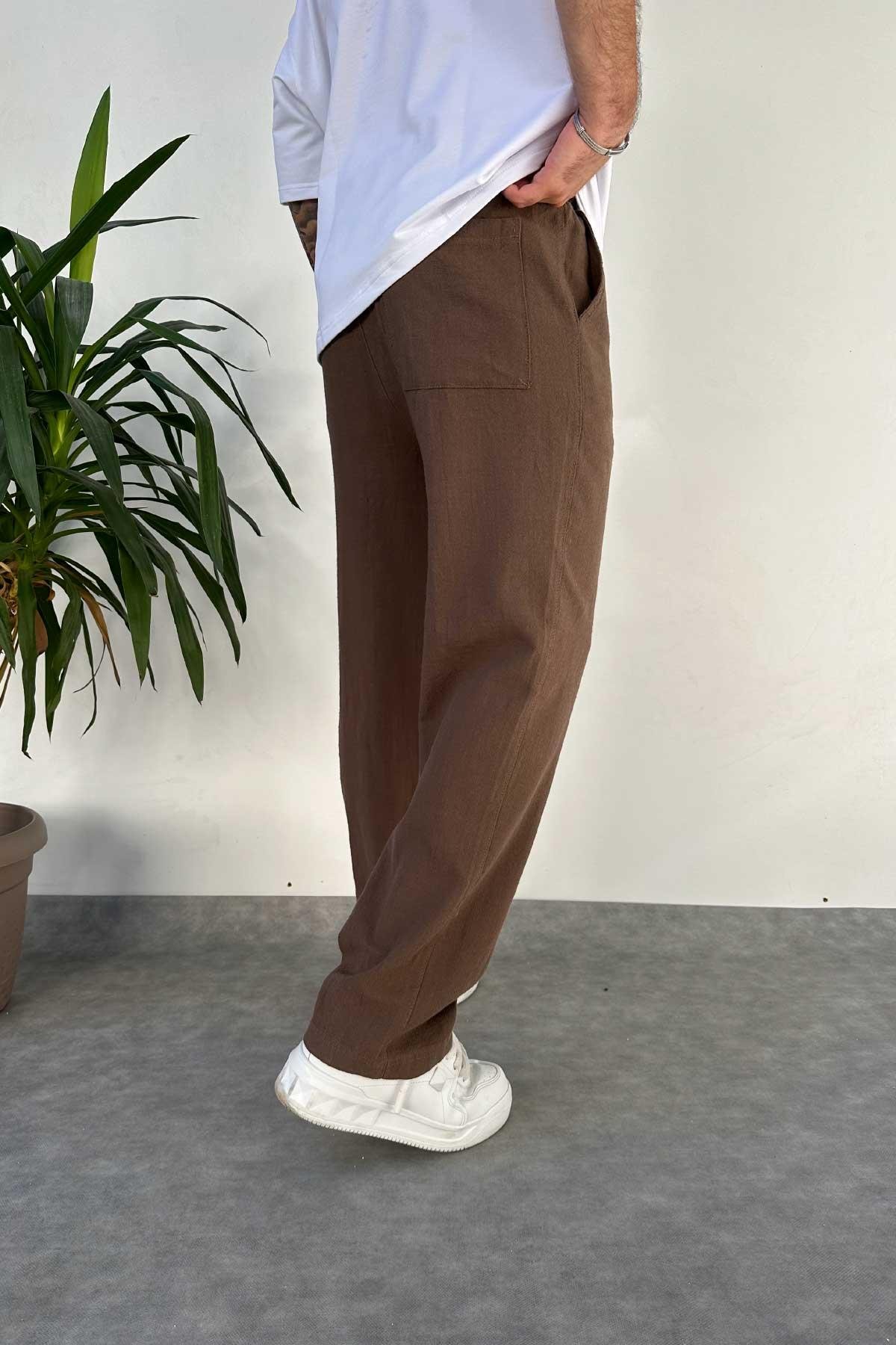 Koyu Ka-averengi Baggy Kalıp Keten Pantolon