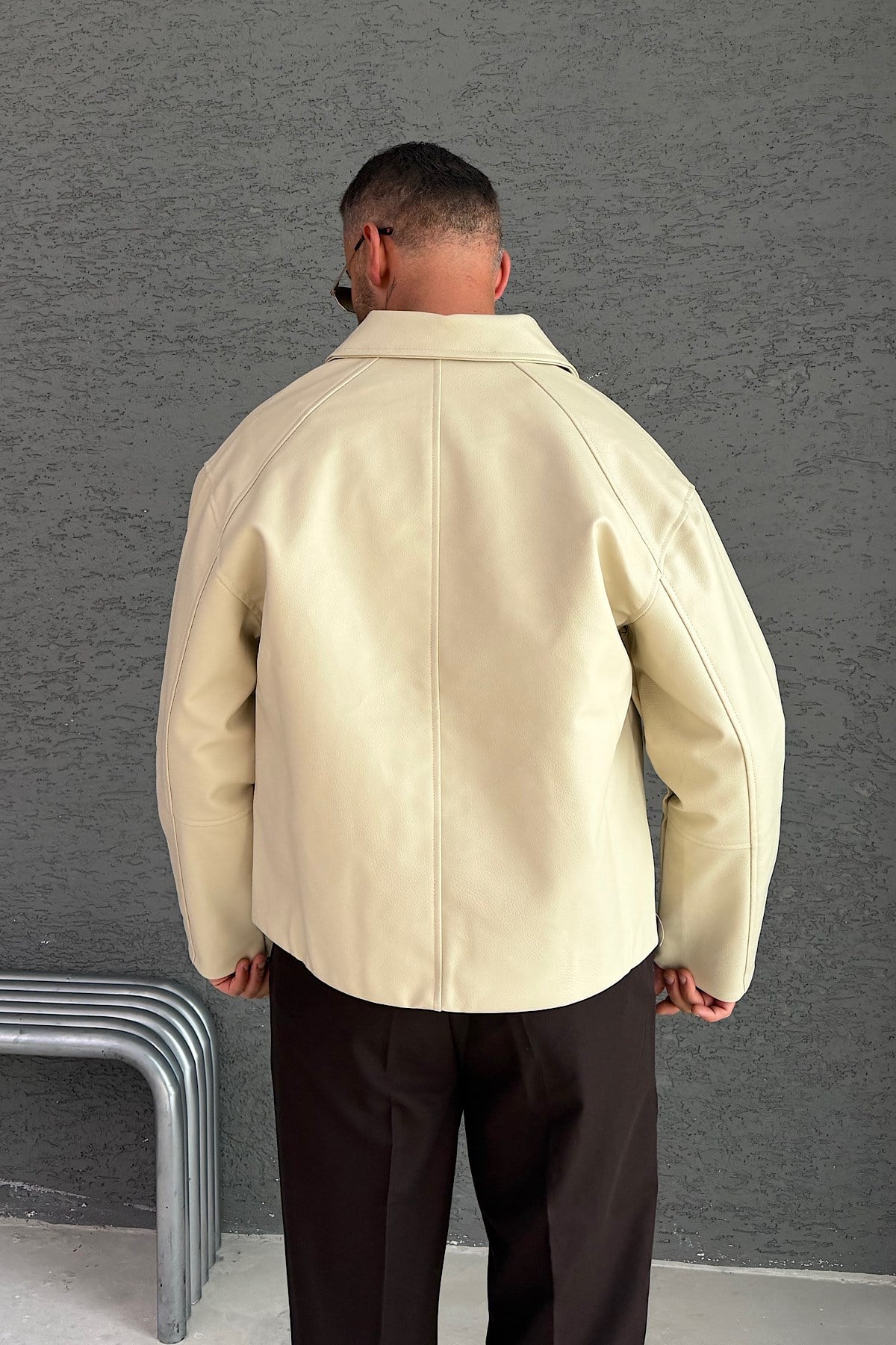 Krem Boxy Fit Deri Ceket