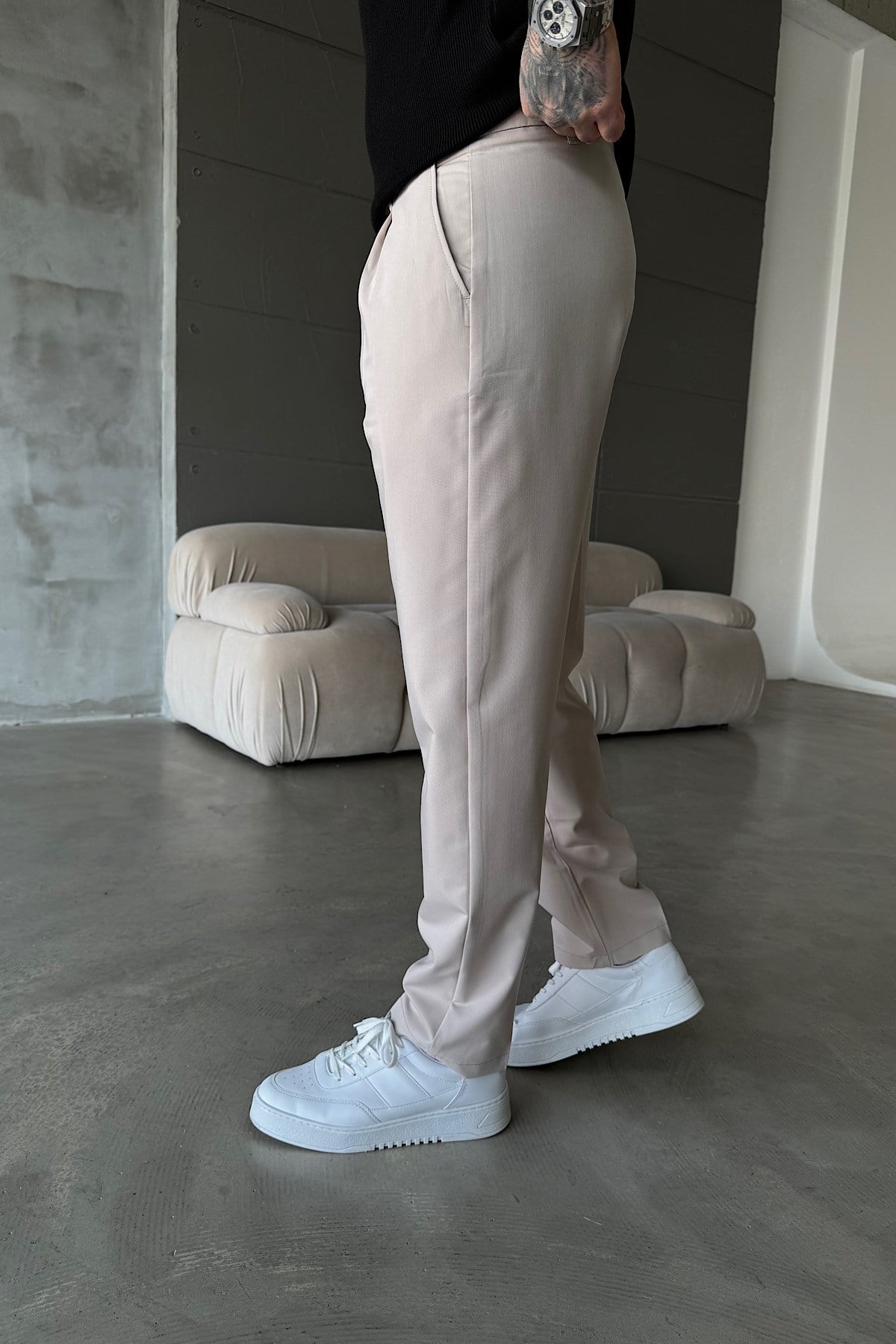 Krem Regular Kesim Kumaş Pantolon