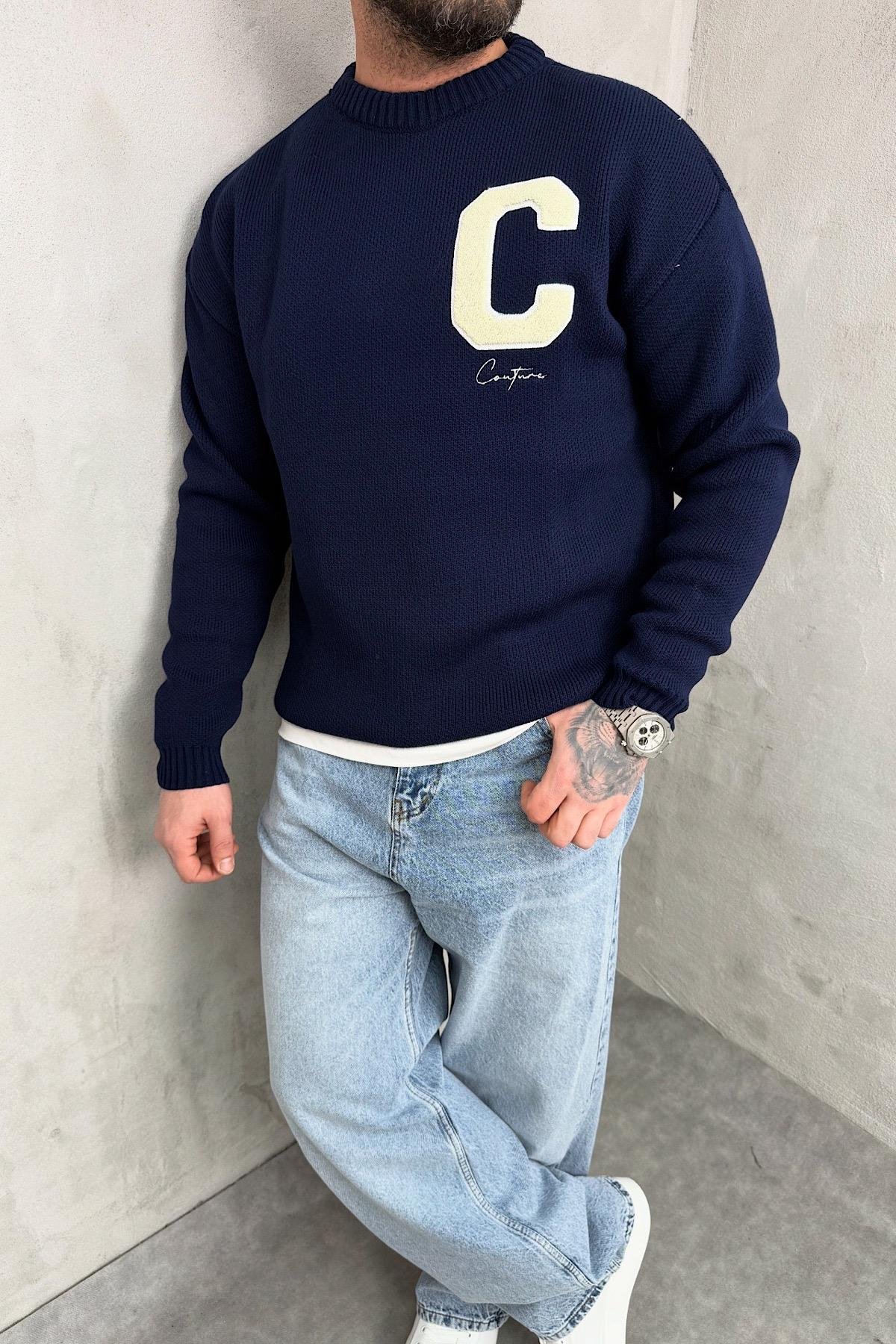 Lacivert Baskılı Kazak