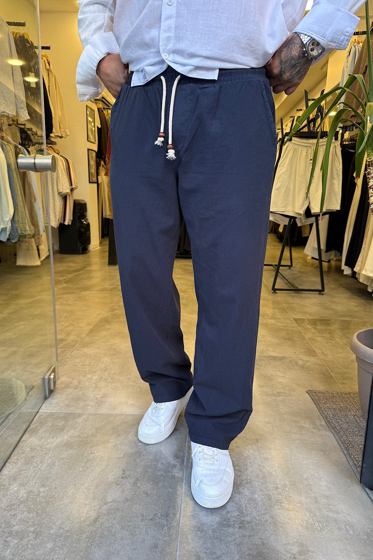 Lacivert Beli İpli Baggy Keten Pantolon 