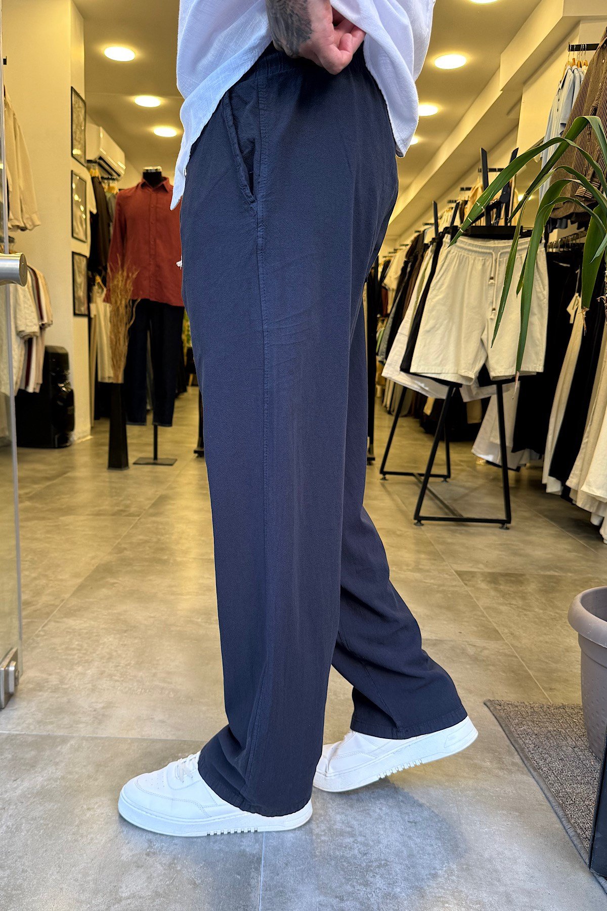 Lacivert Beli İpli Baggy Keten Pantolon 