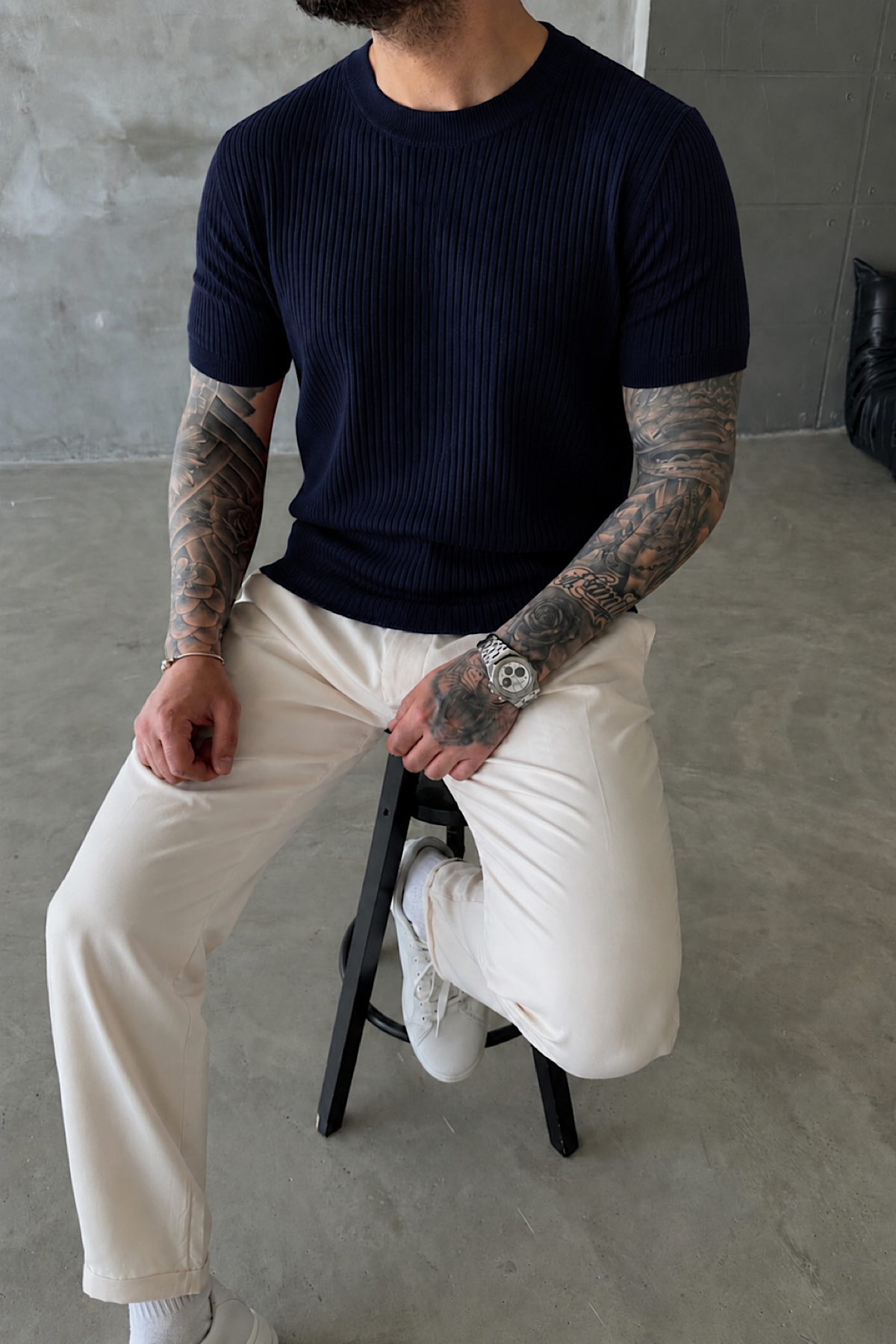 Lacivert Fitilli Basic T-Shirt