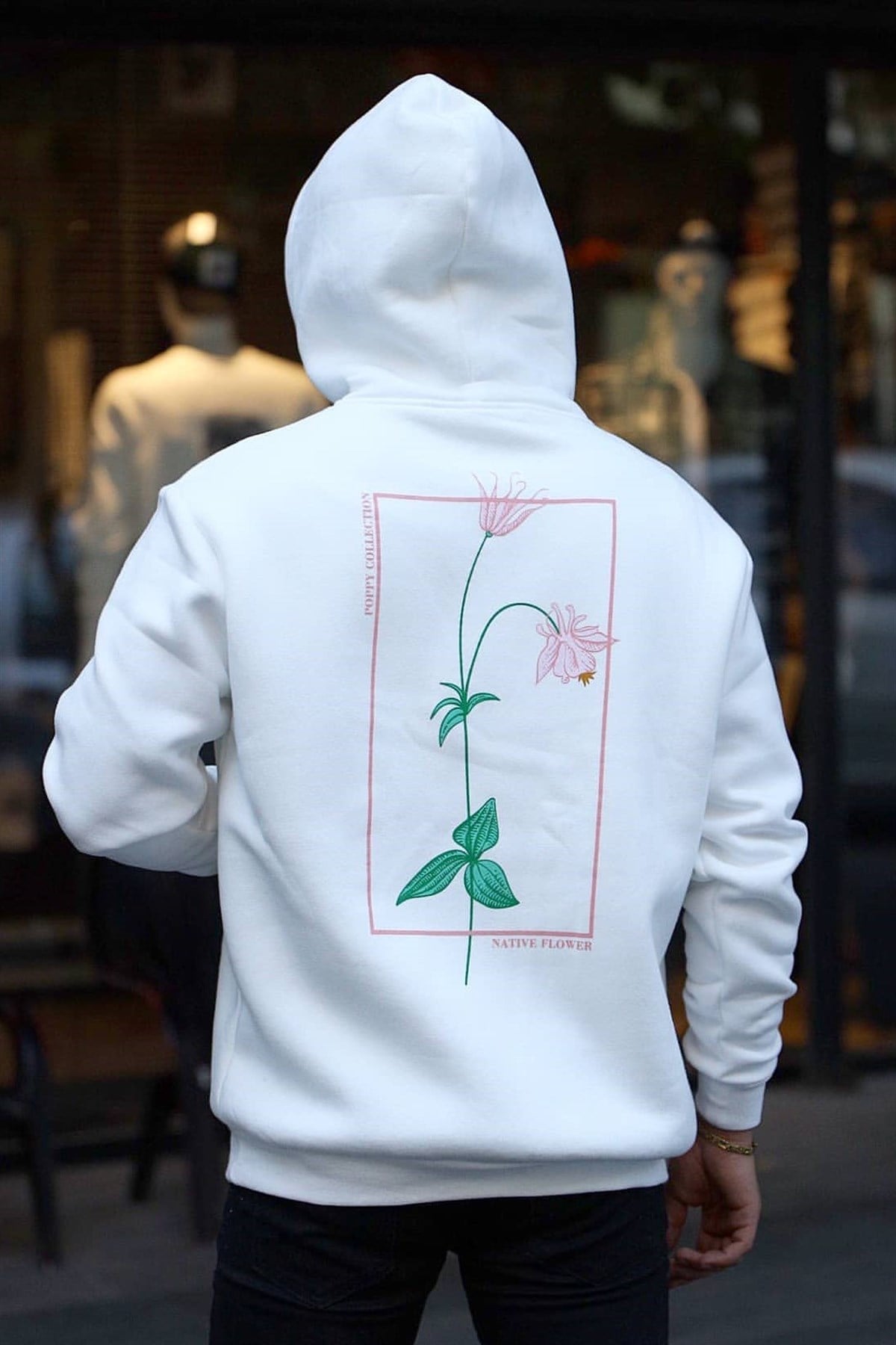Oversize Arkası Çiçek Baskılı Kapüşonlu Sweatshirt Beyaz