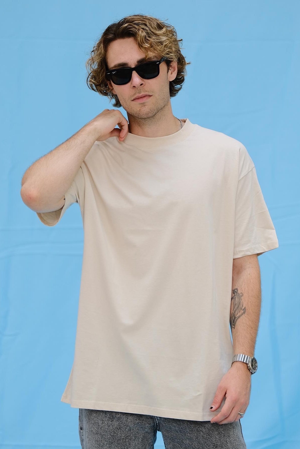 Oversize Basic Krem T-Shirt 