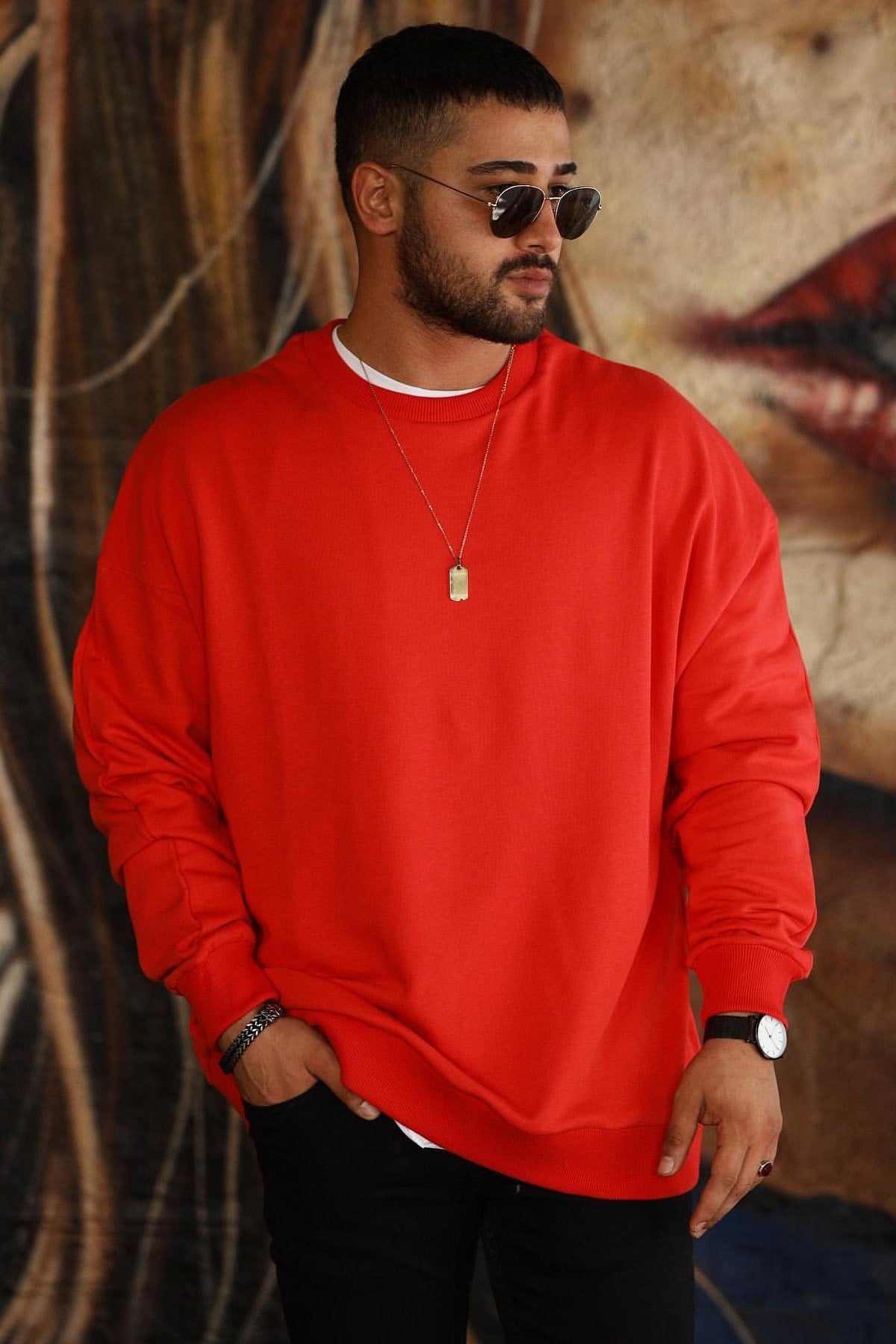 Oversize Basic Sweatshirt Kırmızı