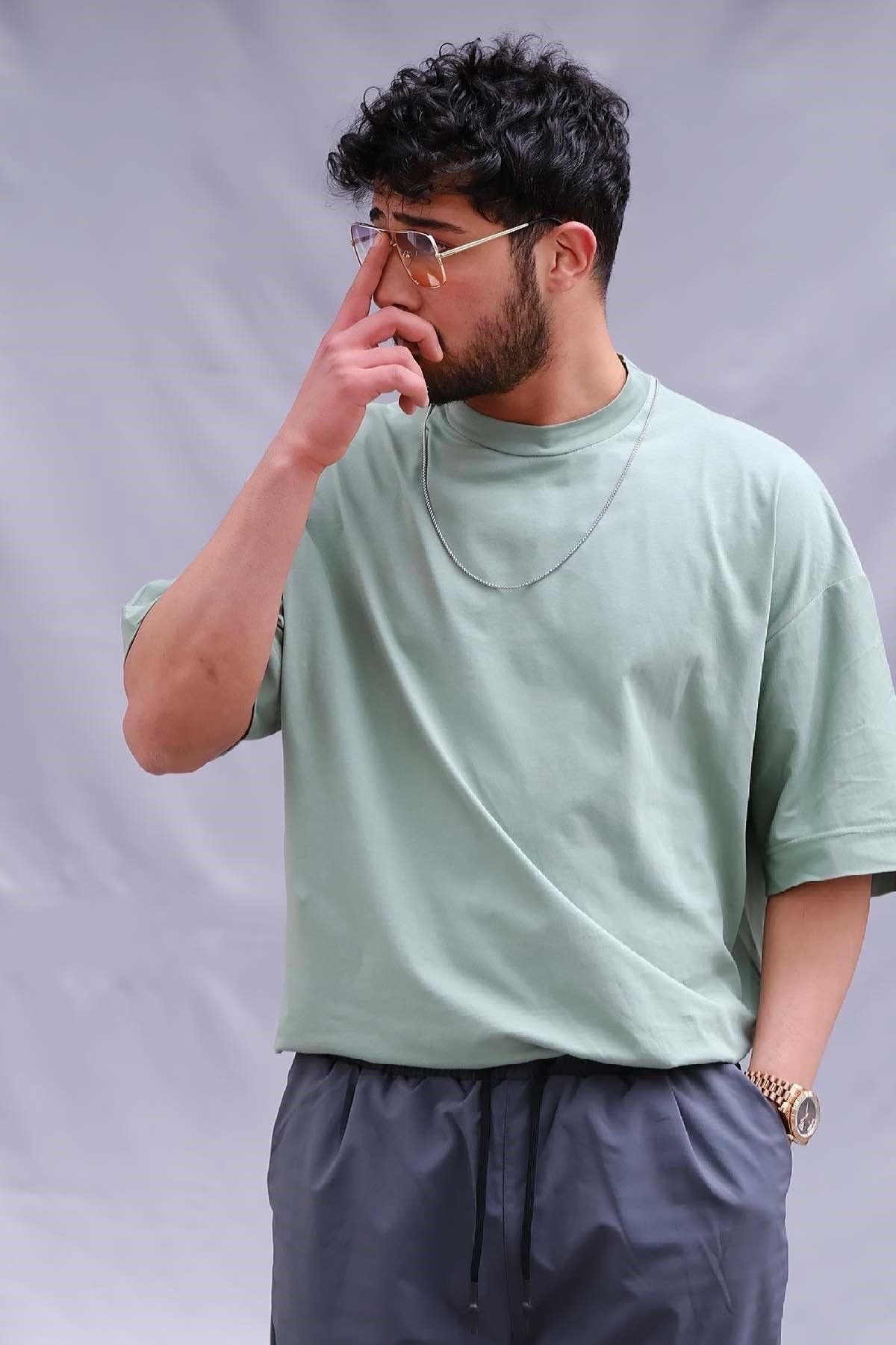 Oversize Basic T-Shirt Su Yeşili