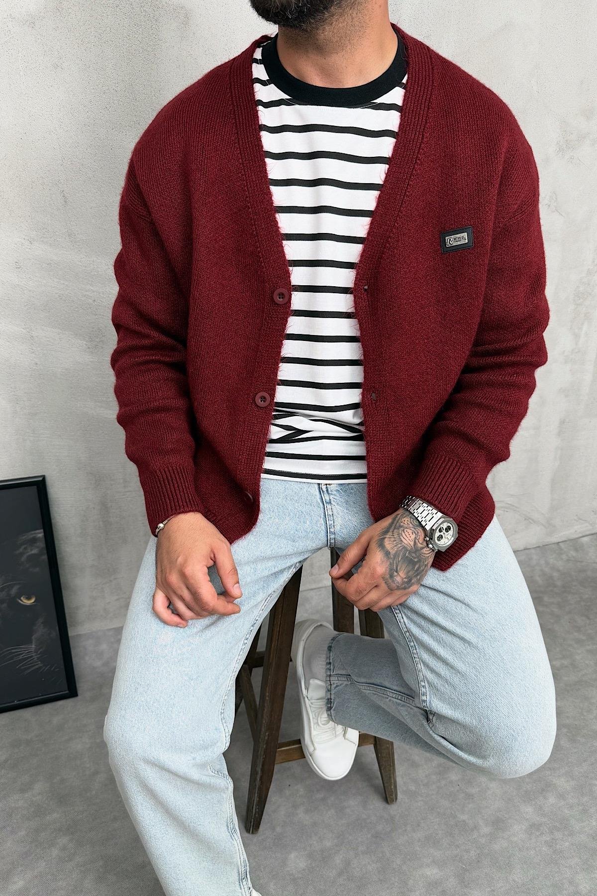 Oversize Bordo Örme Hırka