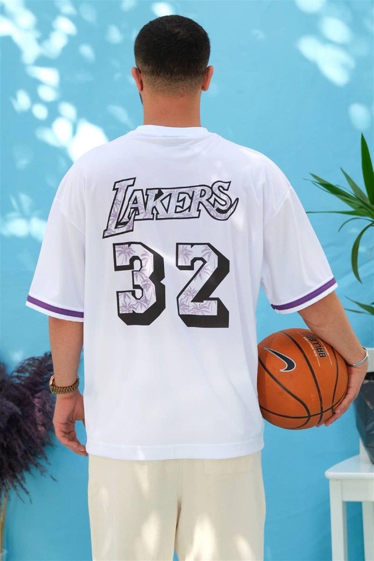 Oversize Fileli Beyaz Lakers T-Shirt
