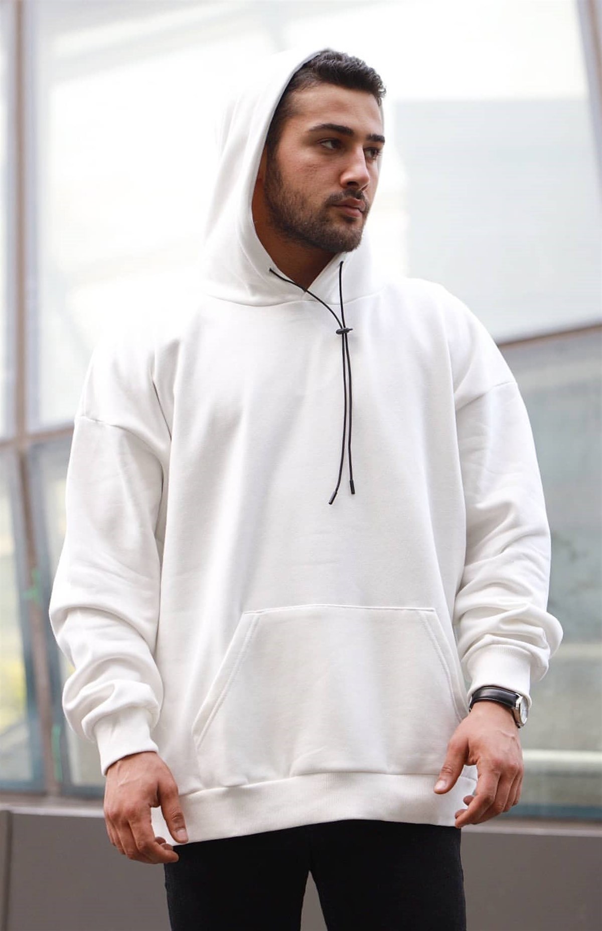Oversize Kapüşonlu Sweatshirt Beyaz