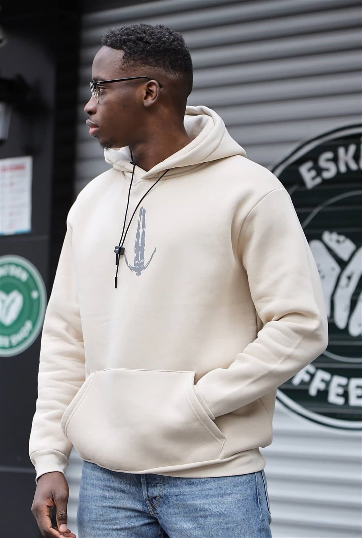 Oversize Önü Baskılı Kapüşonlu Sweatshirt Bej