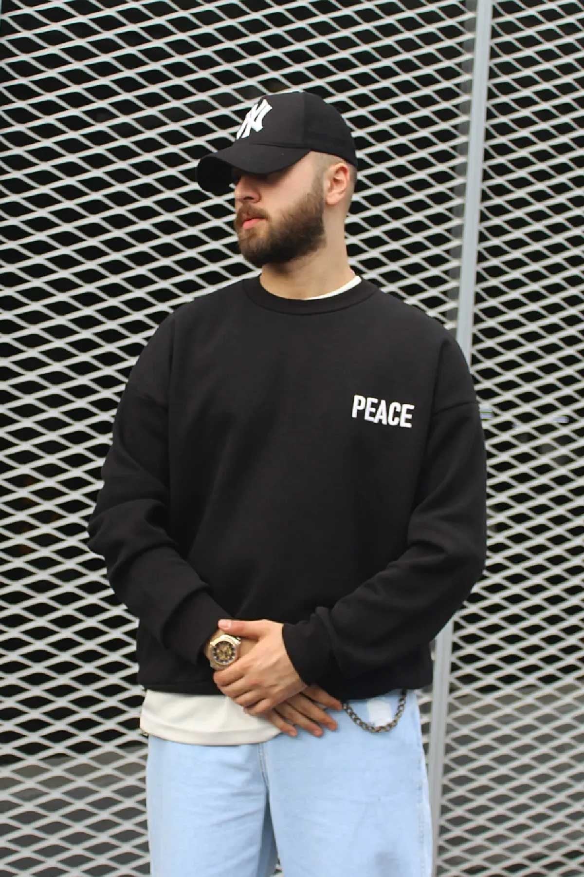 Oversize Peace Siyah Sweatshirt