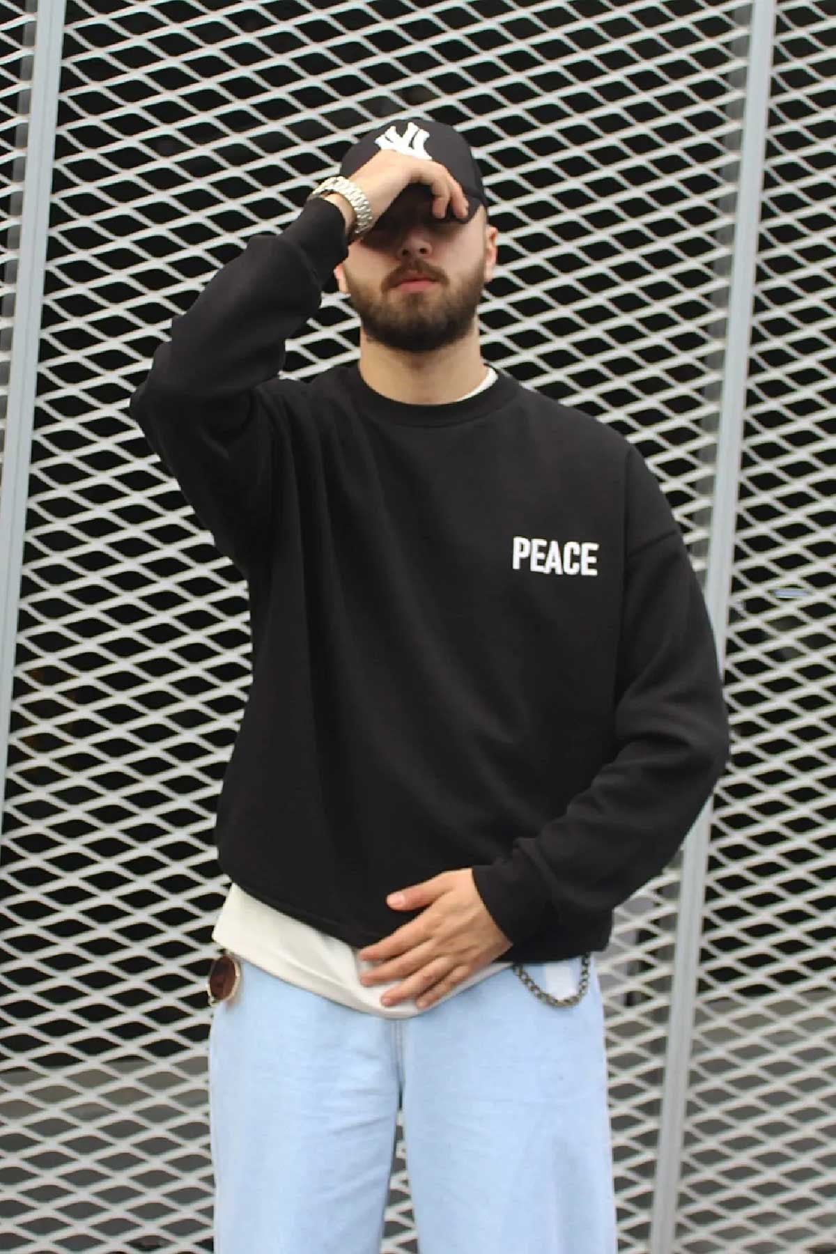 Oversize Peace Siyah Sweatshirt