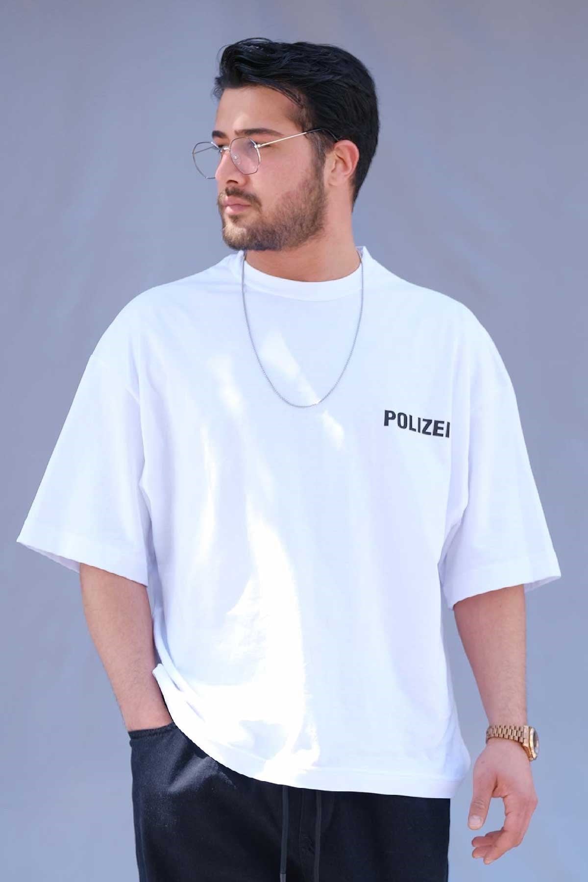 Oversize Polizei T-Shirt Beyaz