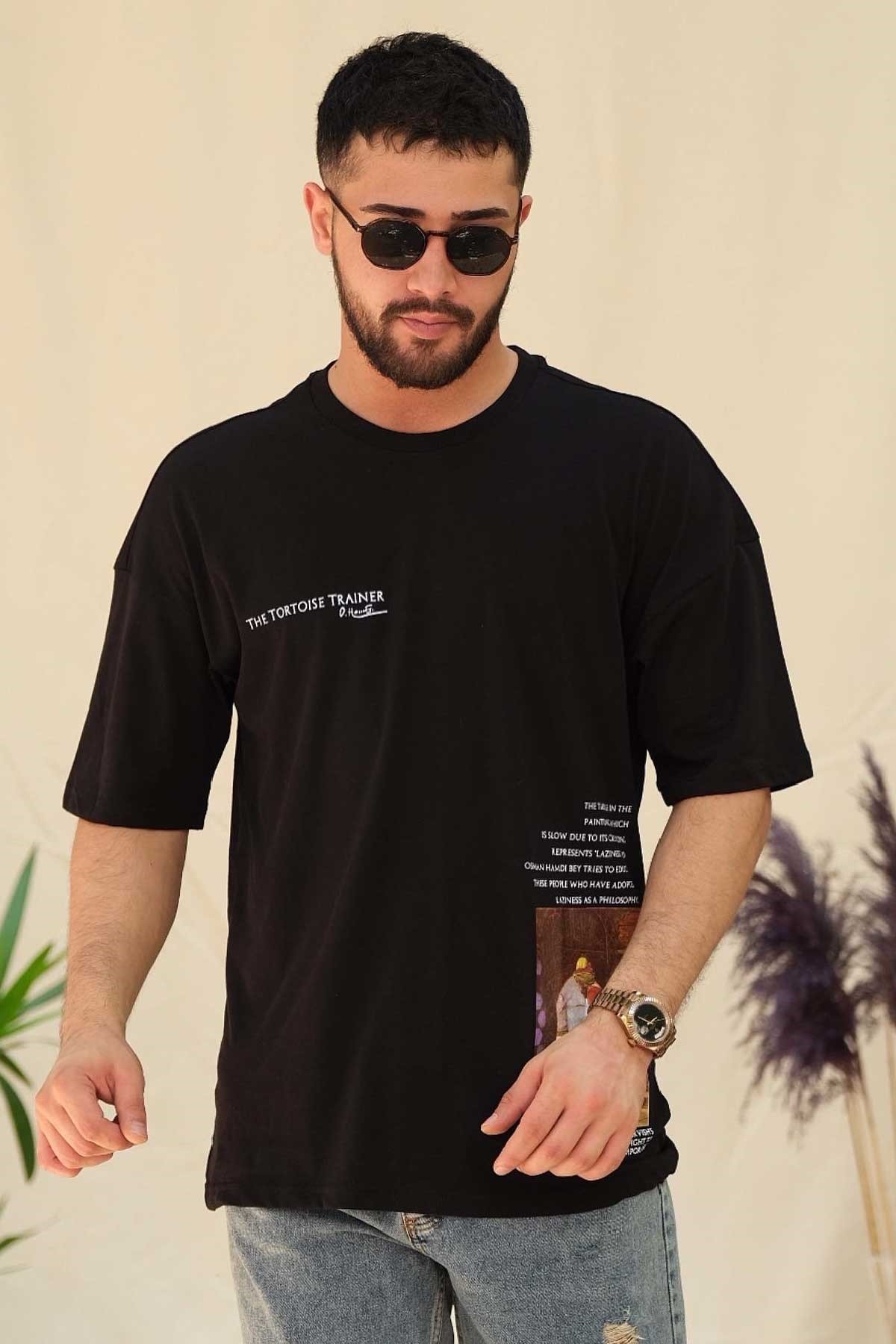 Oversize Siyah Baskılı T-Shirt