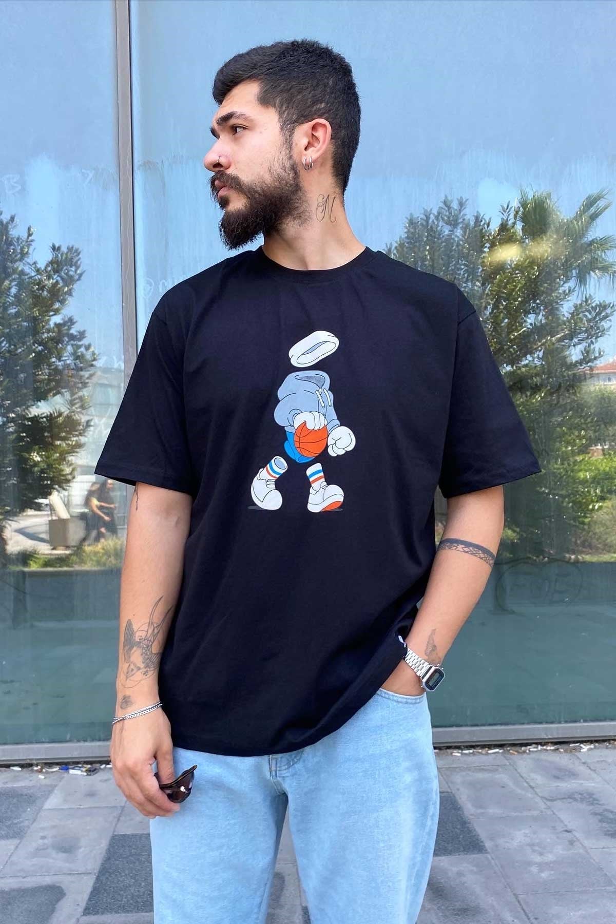 Oversize Siyah Baskılı T-Shirt