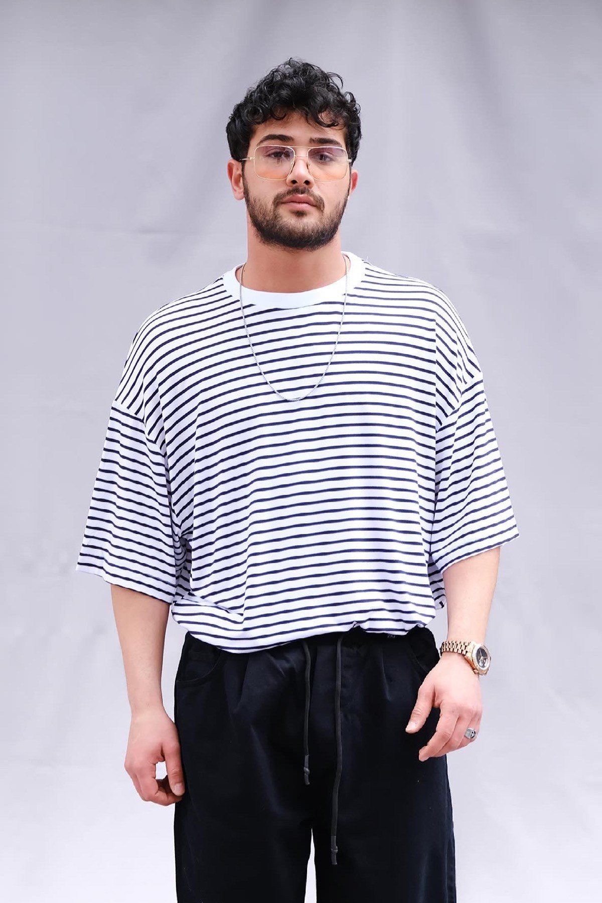 Oversize Siyah Beyaz Çizgili T-Shirt