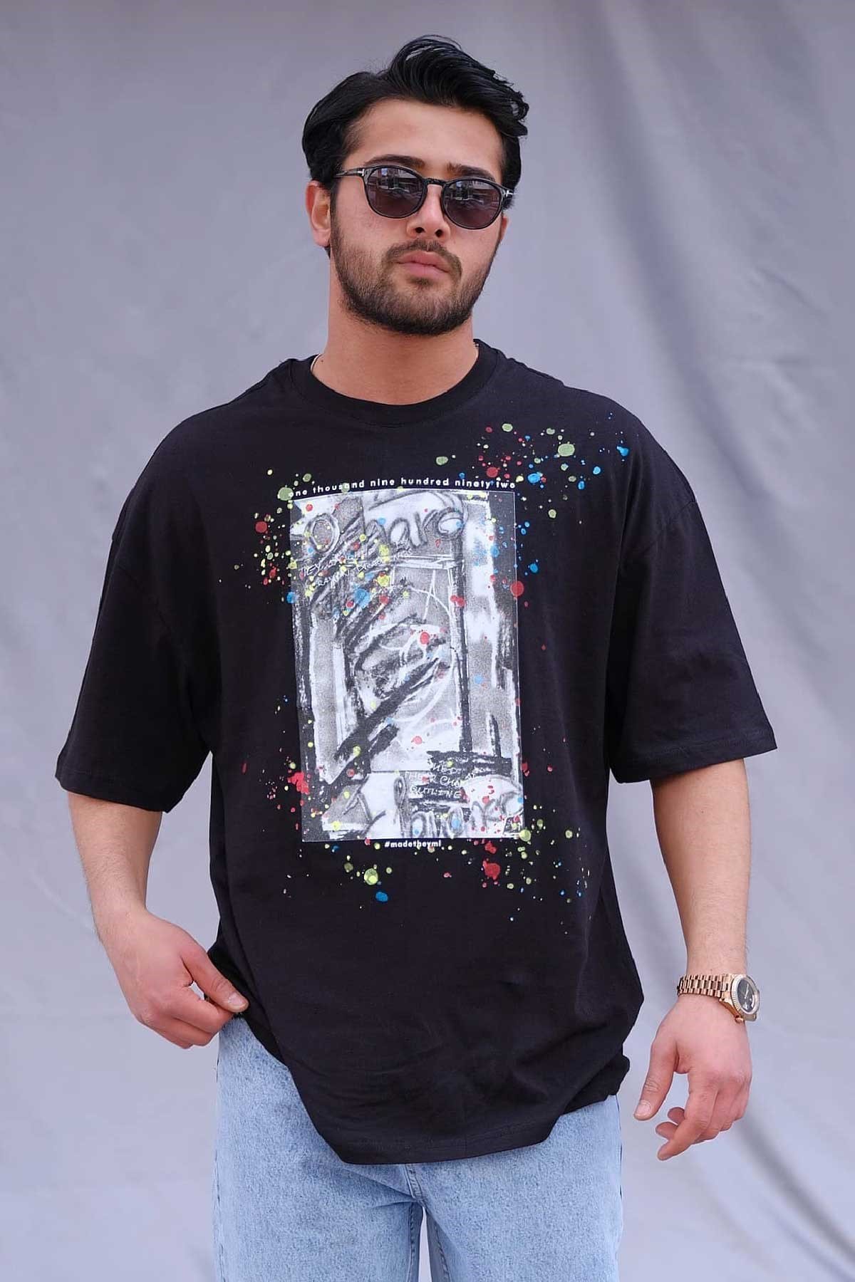 Oversize Siyah Boyalı T-Shirt