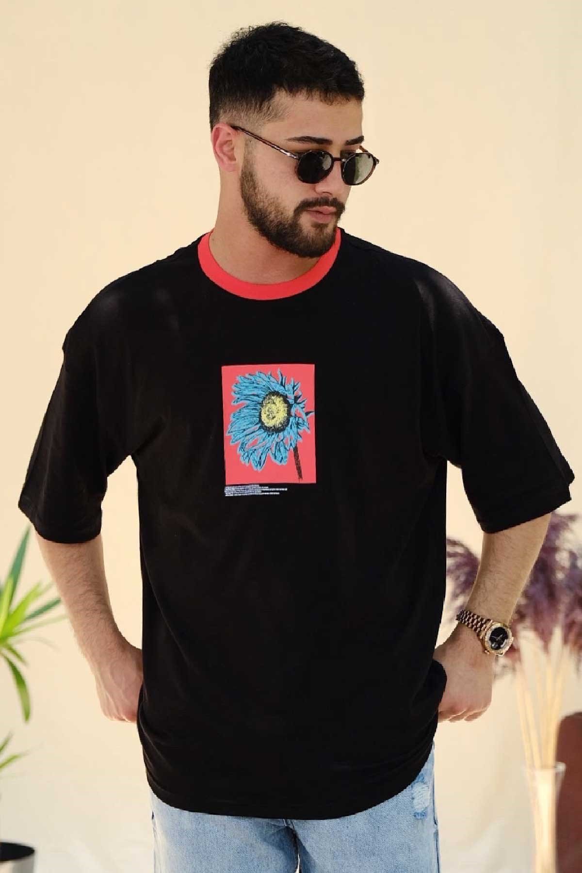 Oversize Siyah Flower T-Shirt