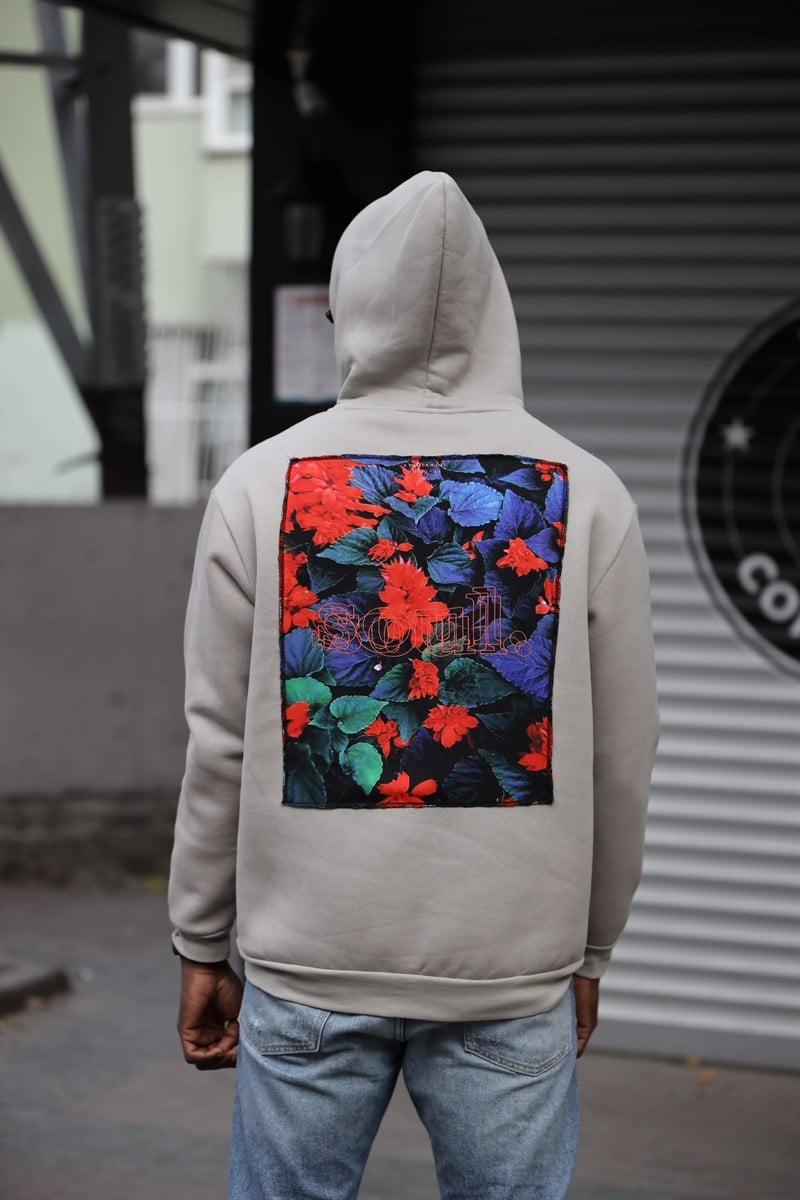 Oversize Soul Arkası Baskılı Kapüşonlu Sweatshirt Gri