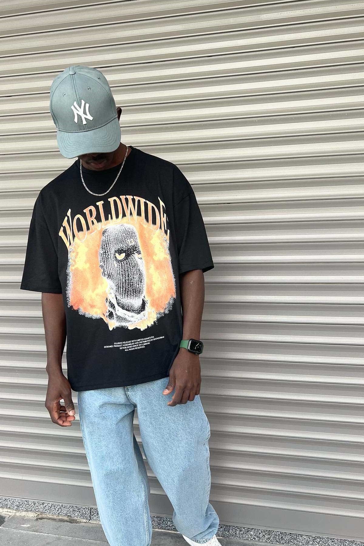 Oversize Worldwide Siyah T-Shirt